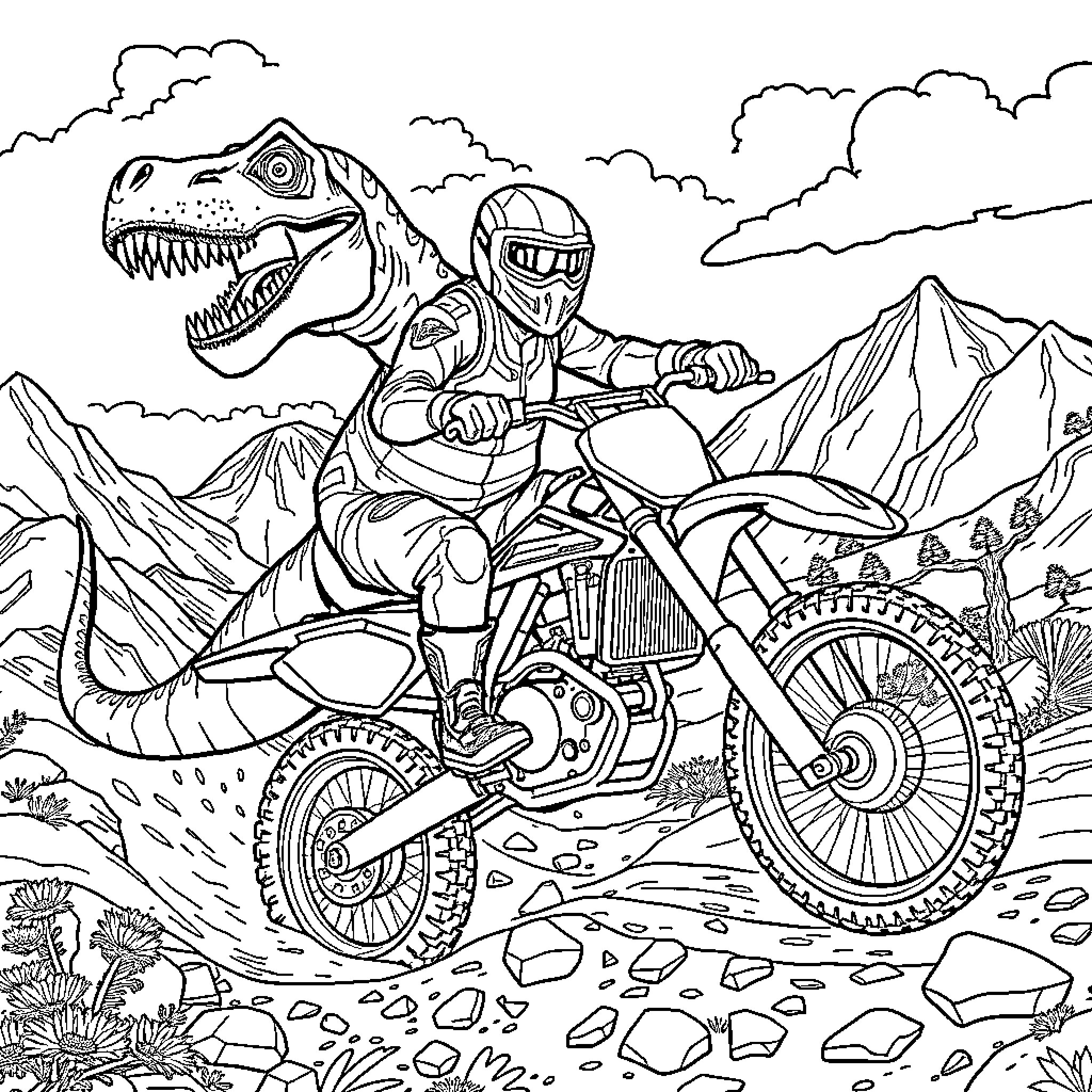 Dinosaur Rider Races Through Rugged Terrain on Motorbike Coloring Page (free black-and-white line drawing printable PDF for all, from beginners to advanced learners, including children, teens, adults, and seniors)
