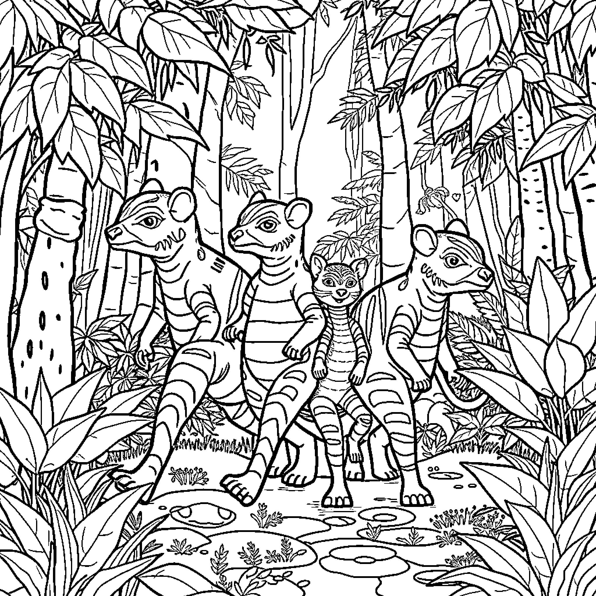 Rhinoceros Family Exploring Lush Jungle Landscape Coloring Page (free black-and-white line drawing printable PDF for all, from beginners to advanced learners, including children, teens, adults, and seniors)