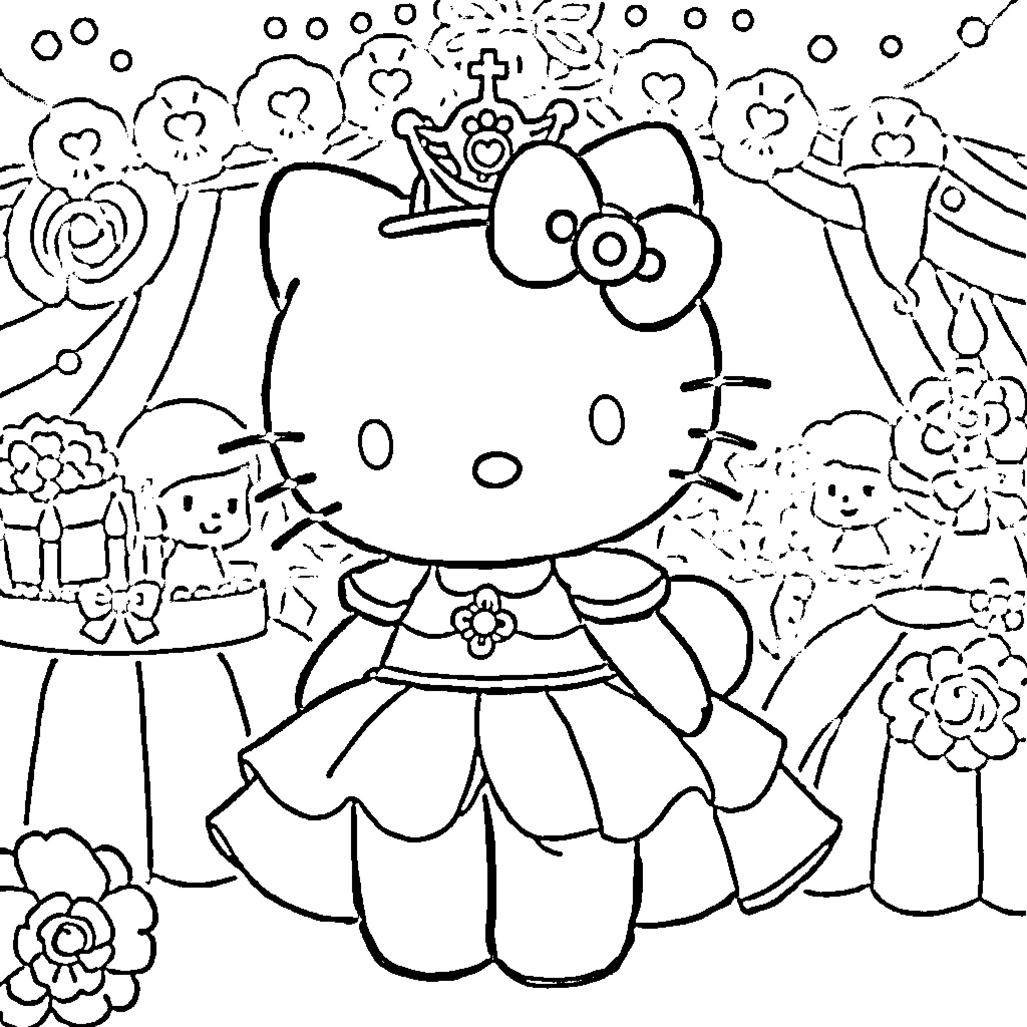 Hello Kitty in a Fancy Dress Surrounded by Flowers Coloring Page (free black-and-white line drawing printable PDF for all, from beginners to advanced learners, including children, teens, adults, and seniors)