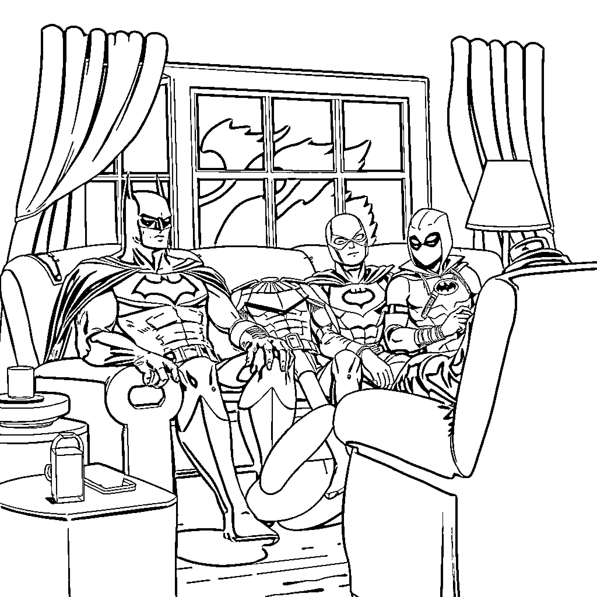 Batman and Superheroes Relaxing at Home Coloring Page (free black-and-white line drawing printable PDF for all, from beginners to advanced learners, including children, teens, adults, and seniors)