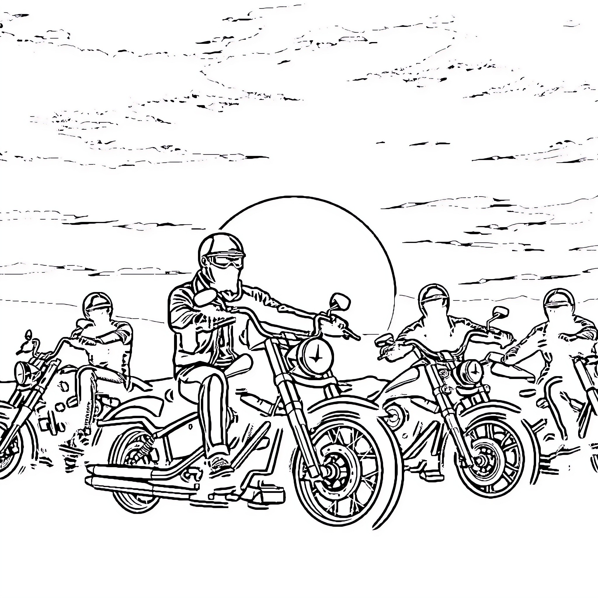 Biker gang riding motorcycles in the sunset Coloring Page (free black-and-white line drawing printable PDF for all, from beginners to advanced learners, including children, teens, adults, and seniors)