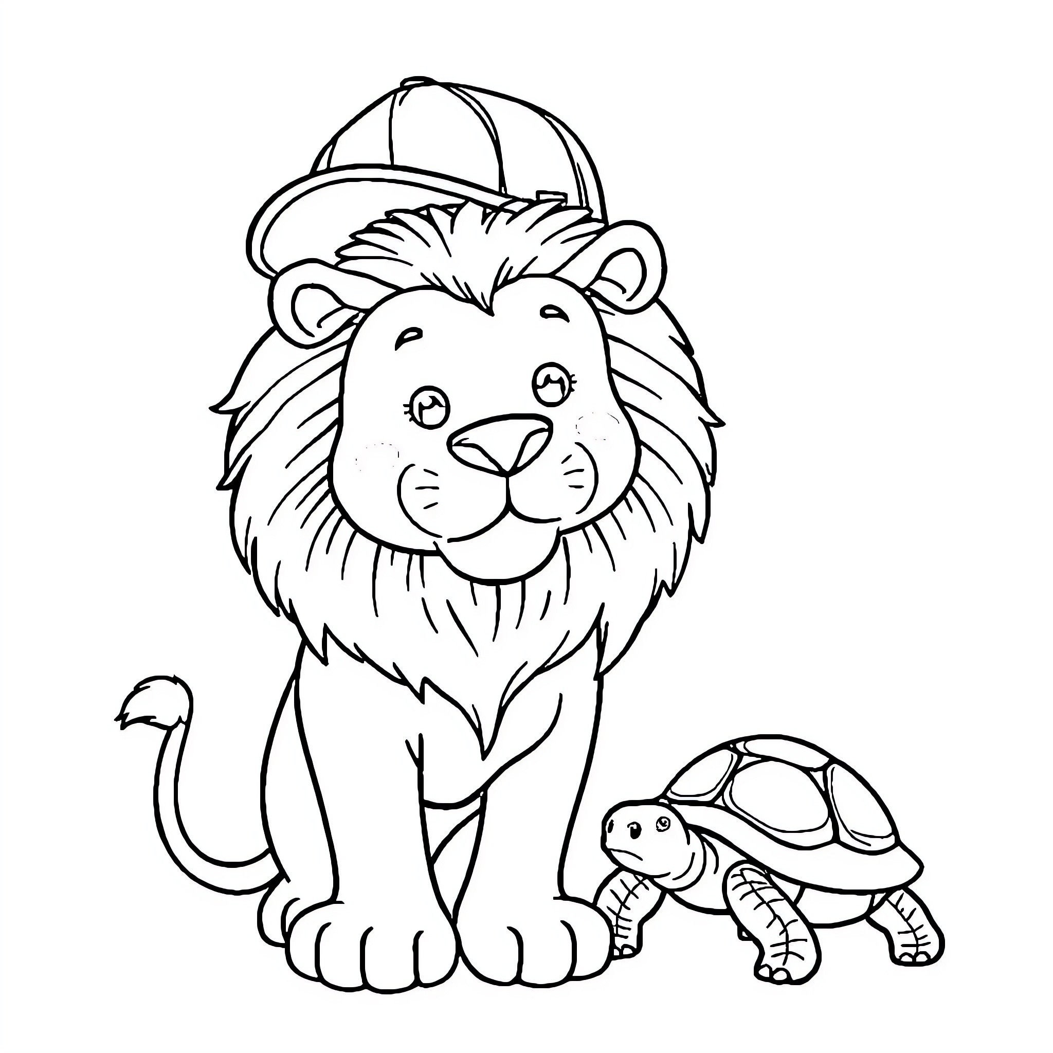 Lion wearing baseball cap with turtle Coloring Page (free black-and-white line drawing printable PDF for all, from beginners to advanced learners, including children, teens, adults, and seniors)