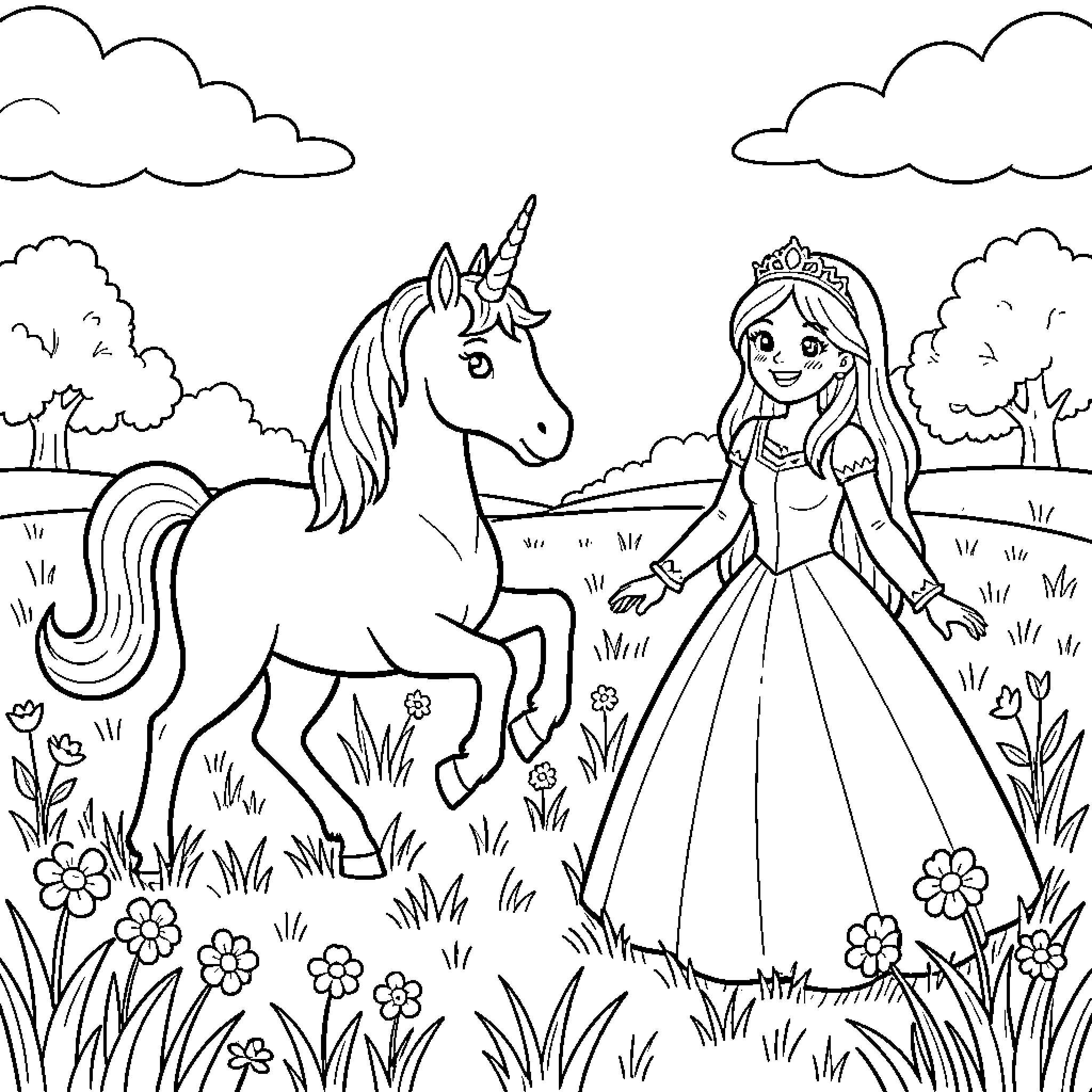 Unicorn standing near a smiling princess in a meadow Coloring Page (free black-and-white line drawing printable PDF for all, from beginners to advanced learners, including children, teens, adults, and seniors)
