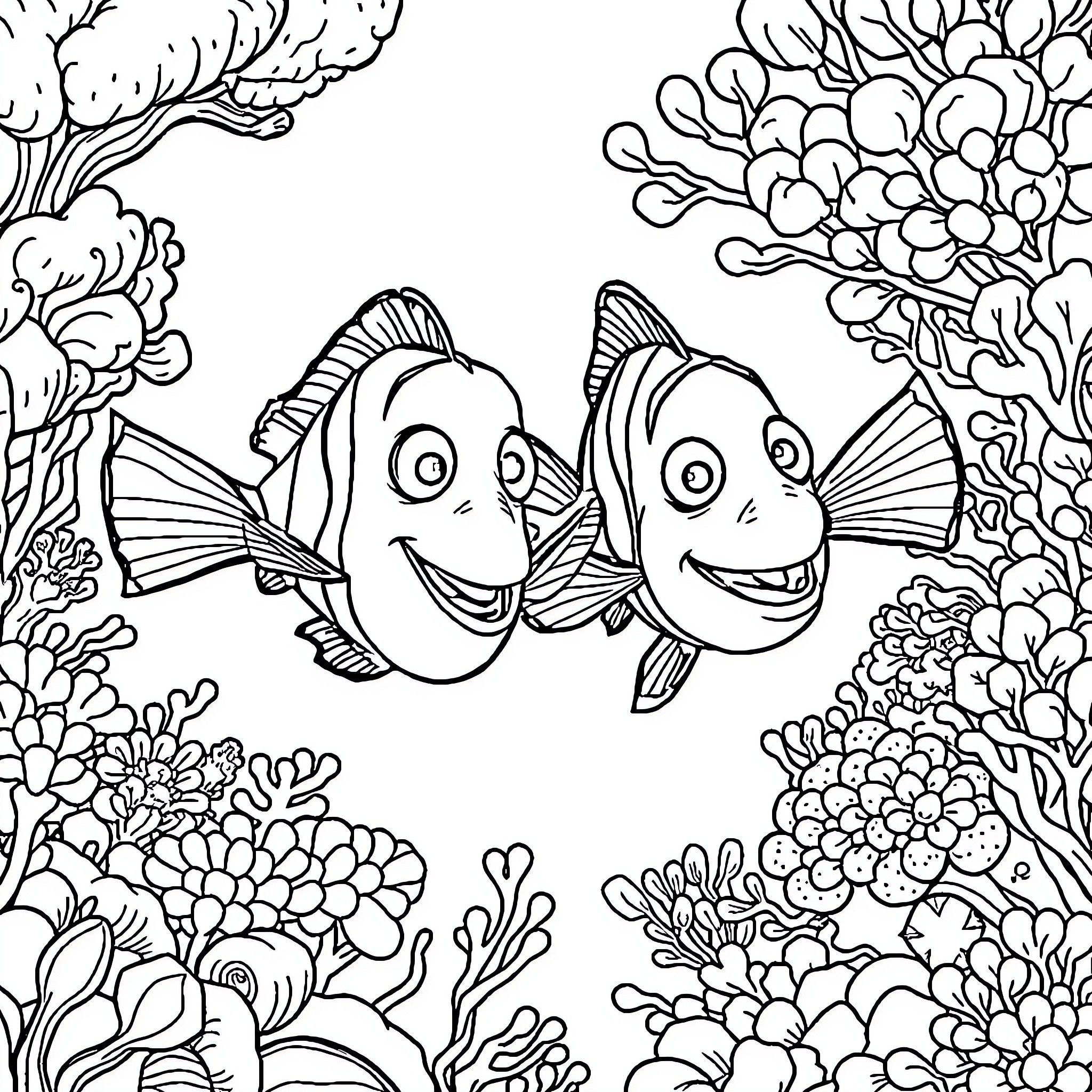 Nemo and Marlin explore the vibrant underwater world Coloring Page (free black-and-white line drawing printable PDF for all, from beginners to advanced learners, including children, teens, adults, and seniors)