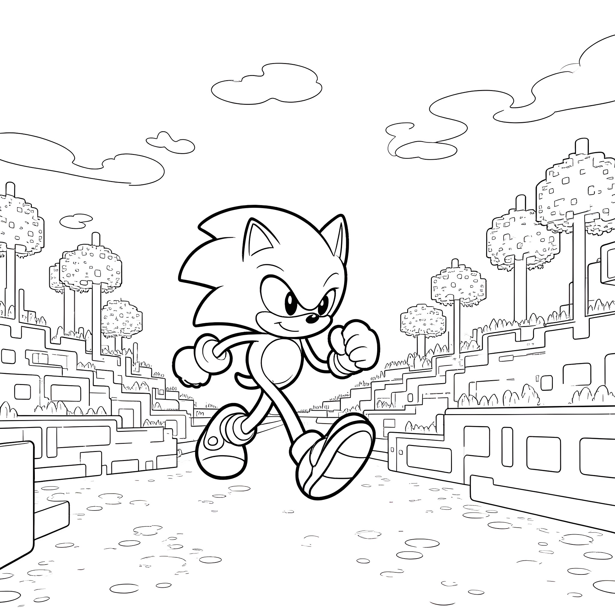 Sonic running through the city Coloring Page (free black-and-white line drawing printable PDF for all, from beginners to advanced learners, including children, teens, adults, and seniors)