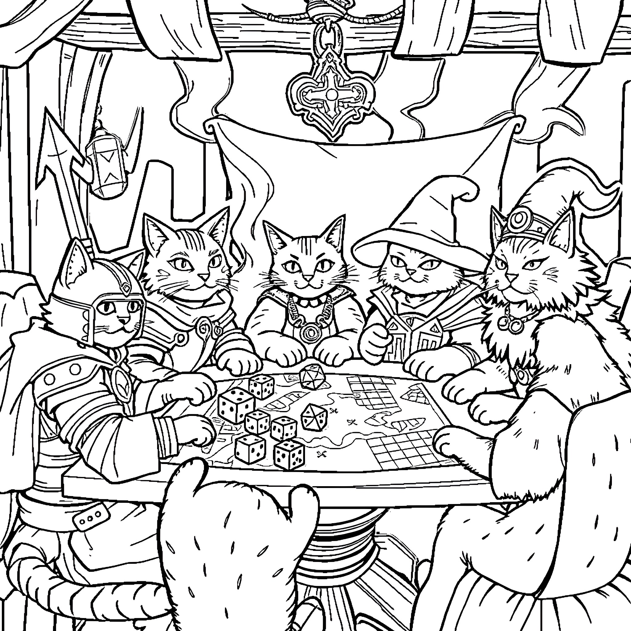 Cat fantasy adventure in magical world Coloring Page (free black-and-white line drawing printable PDF for all, from beginners to advanced learners, including children, teens, adults, and seniors)