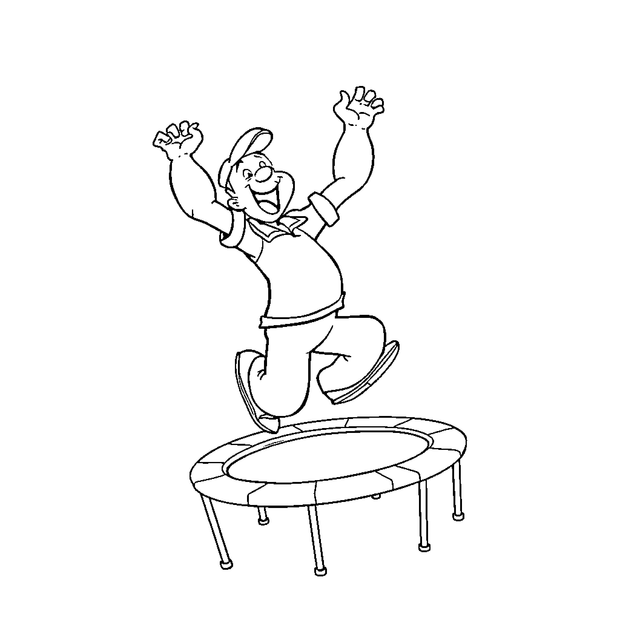 Popeye jumping excitedly on a trampoline Coloring Page (free black-and-white line drawing printable PDF for all, from beginners to advanced learners, including children, teens, adults, and seniors)