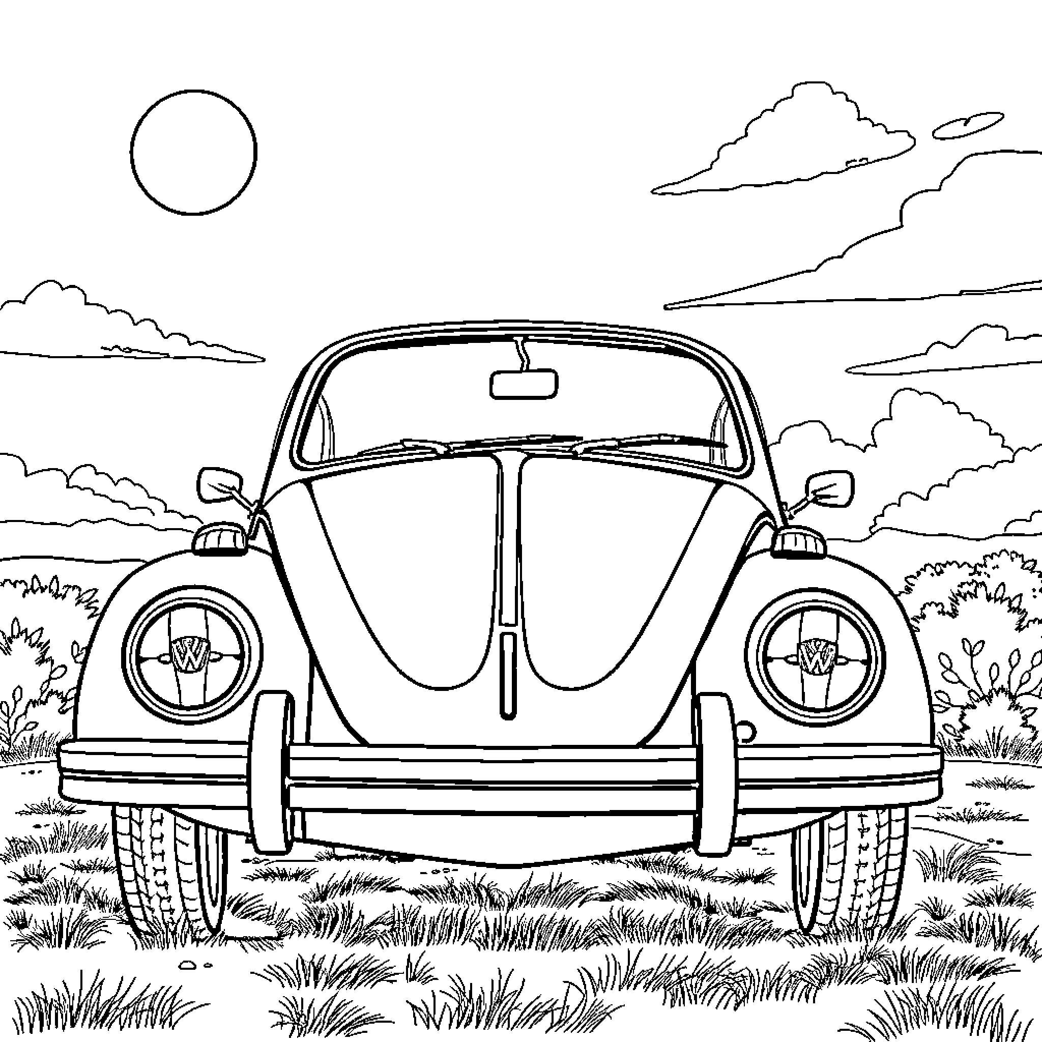 VW Beetle in the countryside landscape Coloring Page (free black-and-white line drawing printable PDF for all, from beginners to advanced learners, including children, teens, adults, and seniors)