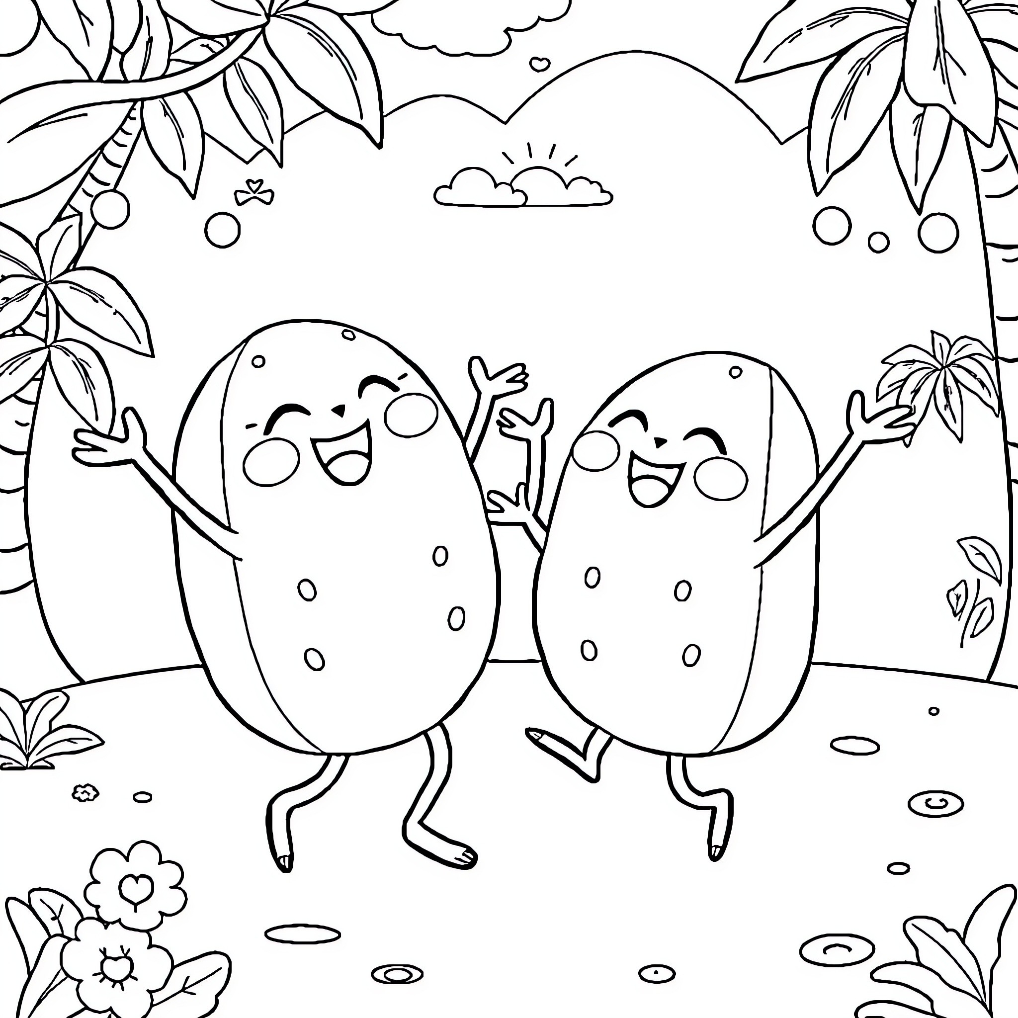 Cocomelon characters having fun in nature Coloring Page (free black-and-white line drawing printable PDF for all, from beginners to advanced learners, including children, teens, adults, and seniors)