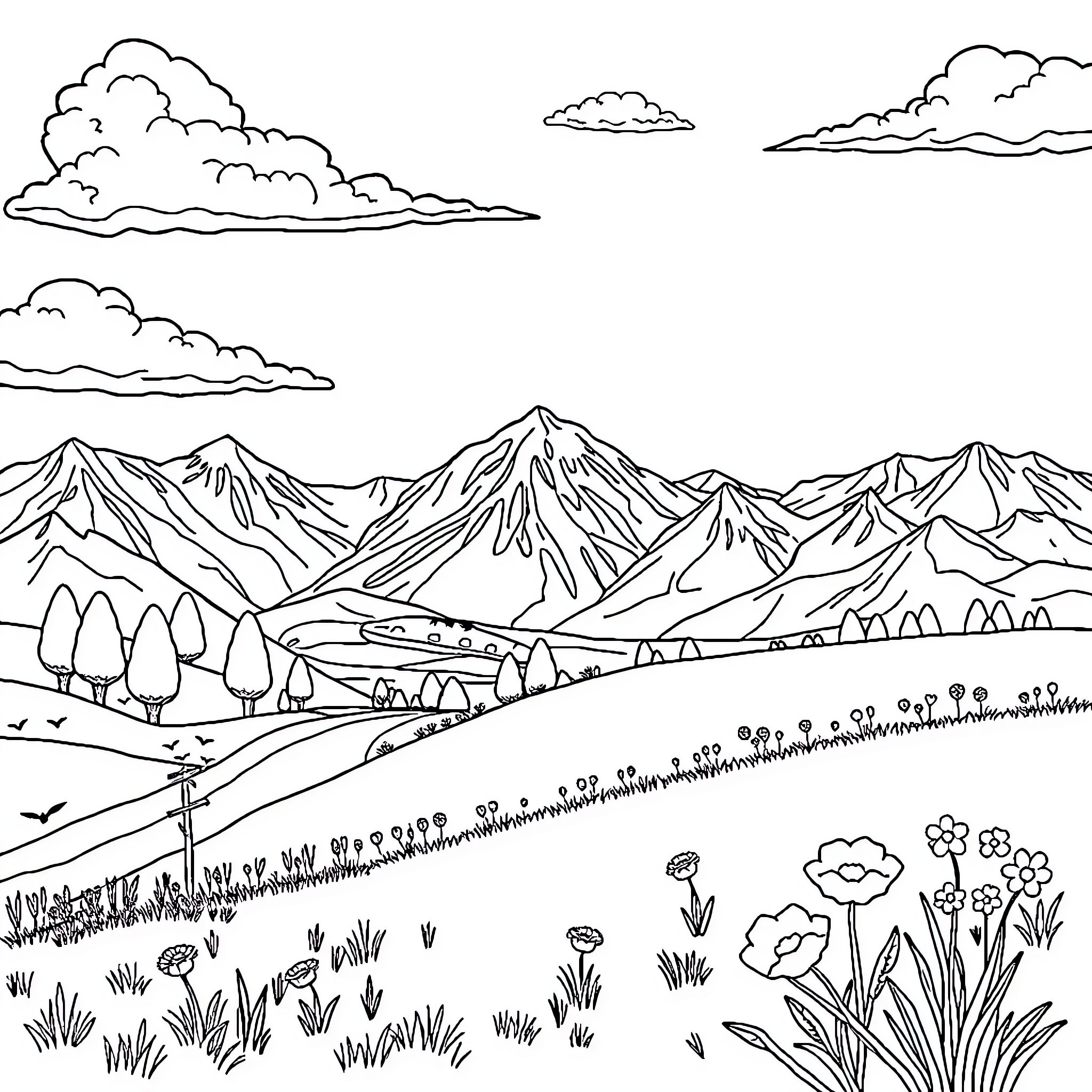 Karina's Scenic Mountain Adventure Coloring Page (free black-and-white line drawing printable PDF for all, from beginners to advanced learners, including children, teens, adults, and seniors)