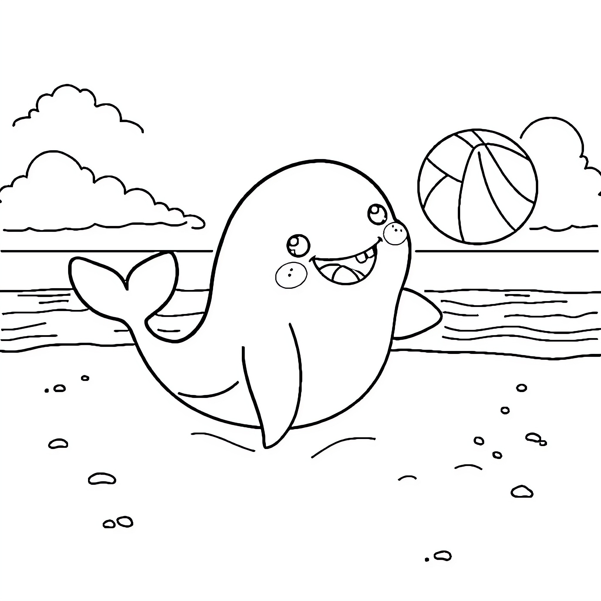 Whale playing with beach ball on the shore Coloring Page (free black-and-white line drawing printable PDF for all, from beginners to advanced learners, including children, teens, adults, and seniors)