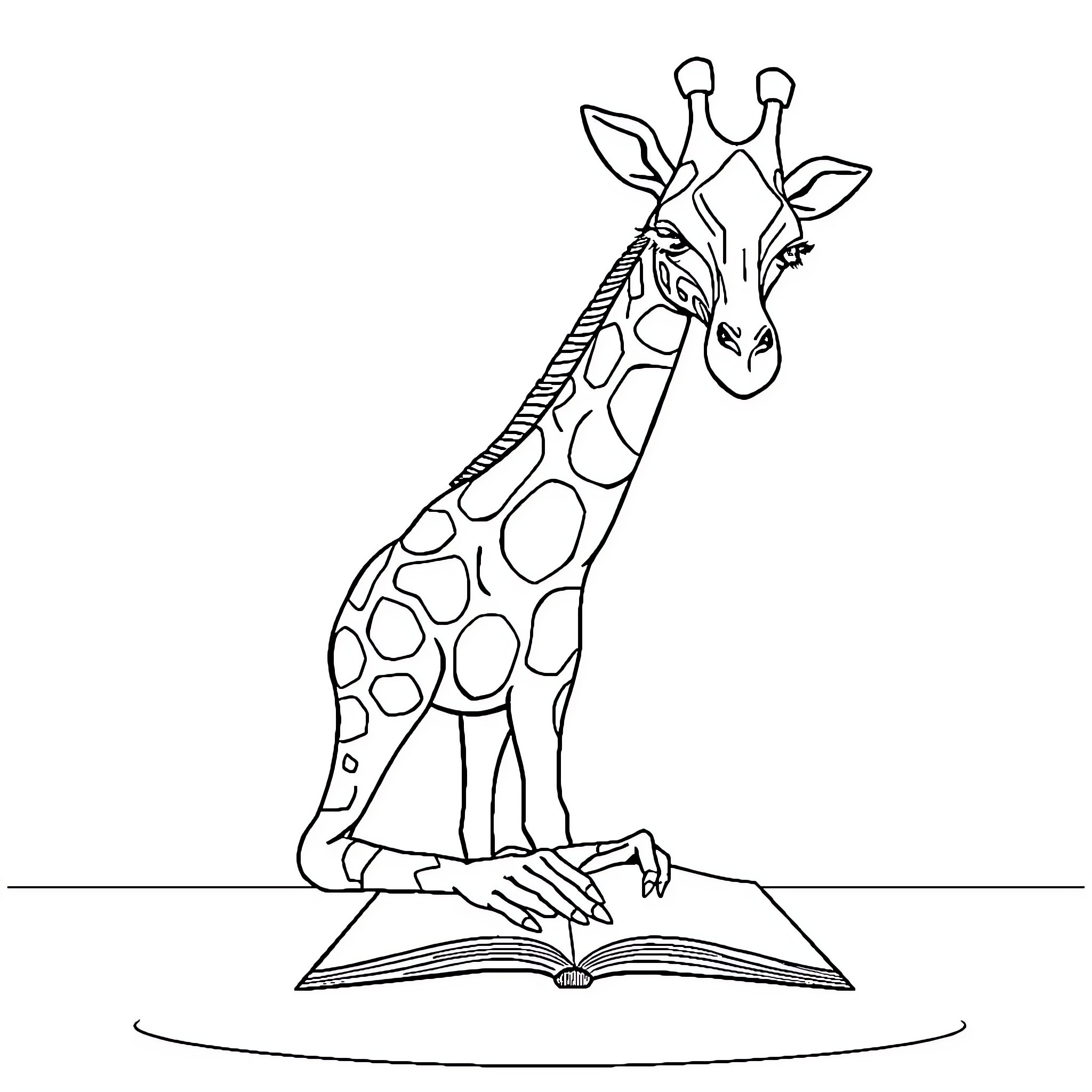 Giraffe reading a book Coloring Page (free black-and-white line drawing printable PDF for all, from beginners to advanced learners, including children, teens, adults, and seniors)