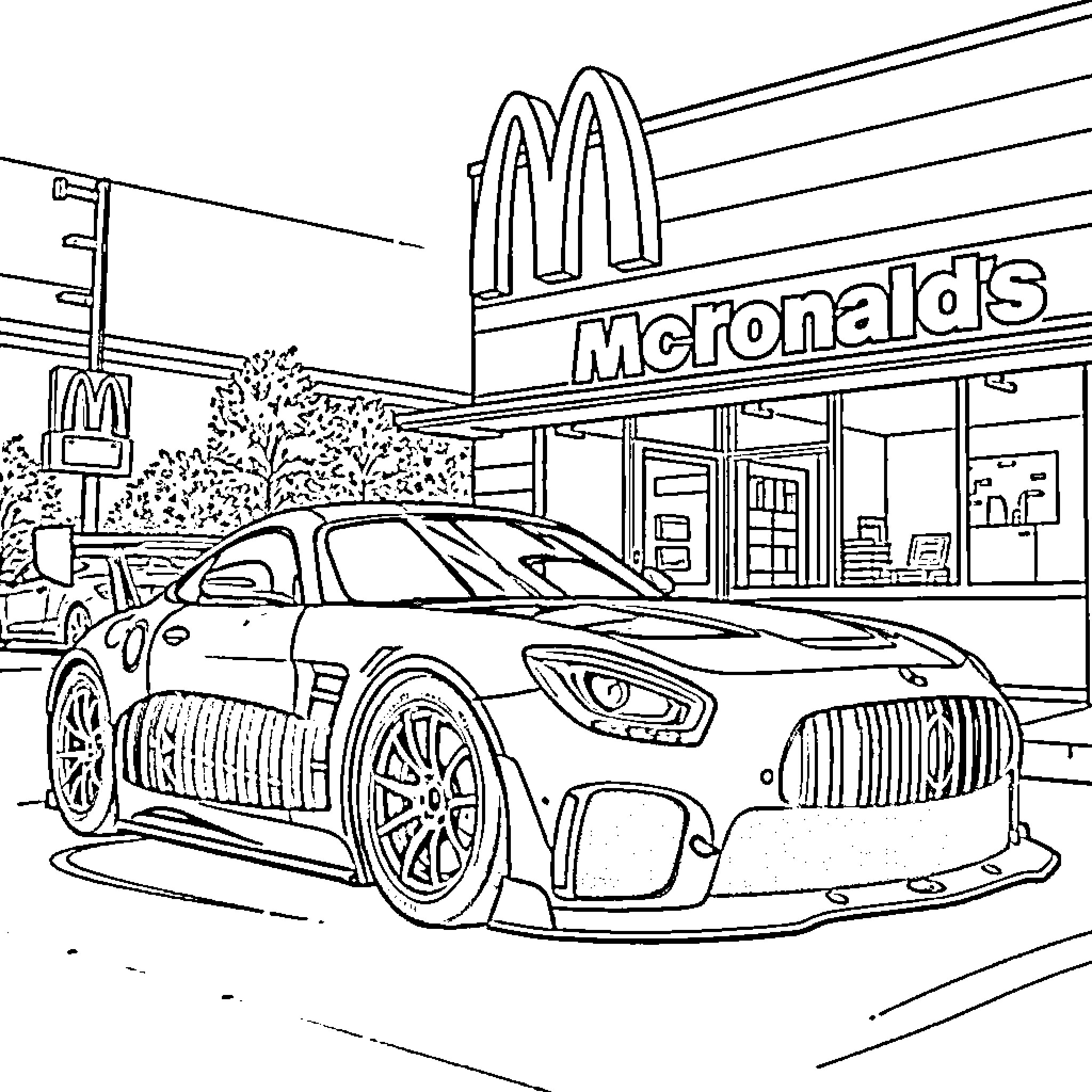 Racecar parked outside fast food restaurant Coloring Page (free black-and-white line drawing printable PDF for all, from beginners to advanced learners, including children, teens, adults, and seniors)