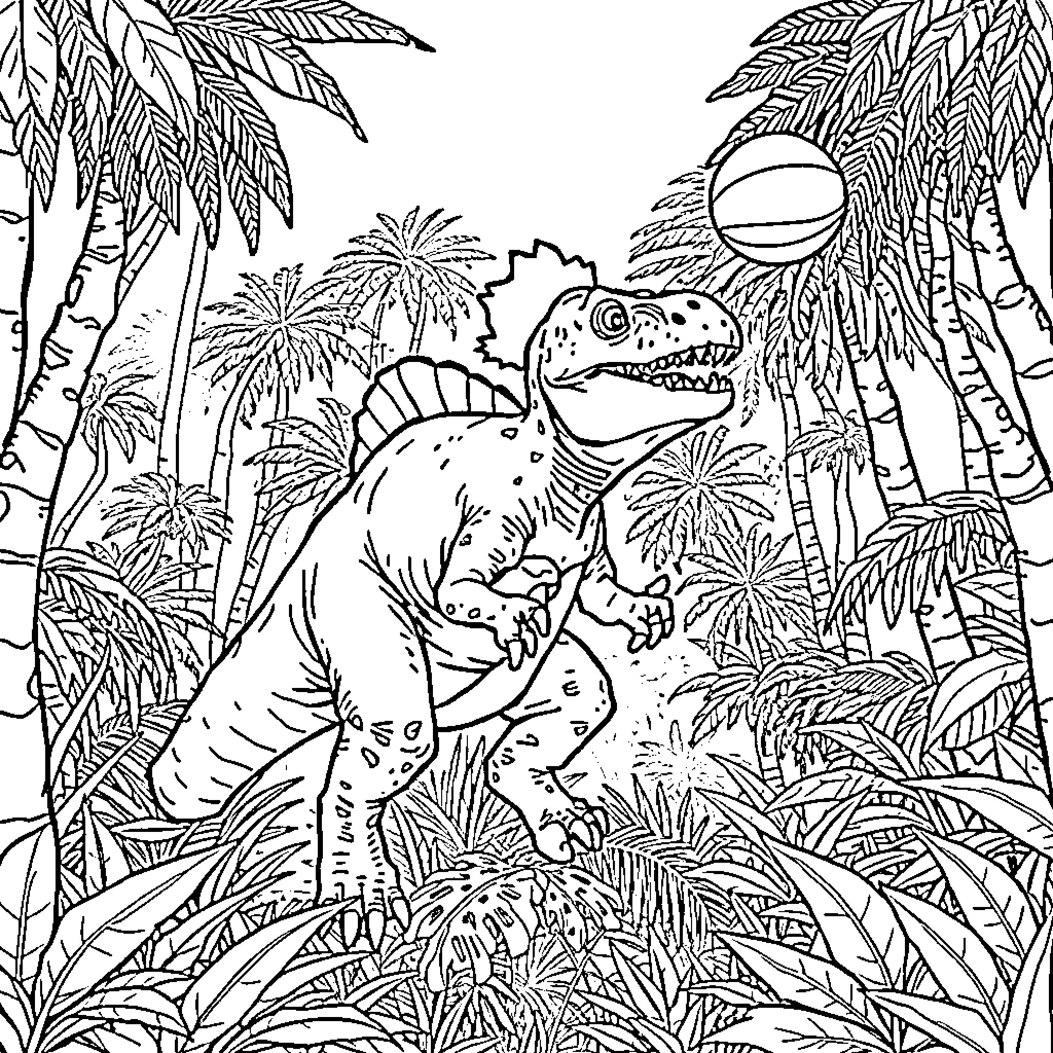 Tyrannosaurus in Lush Prehistoric Landscape Coloring Page (free black-and-white line drawing printable PDF for all, from beginners to advanced learners, including children, teens, adults, and seniors)