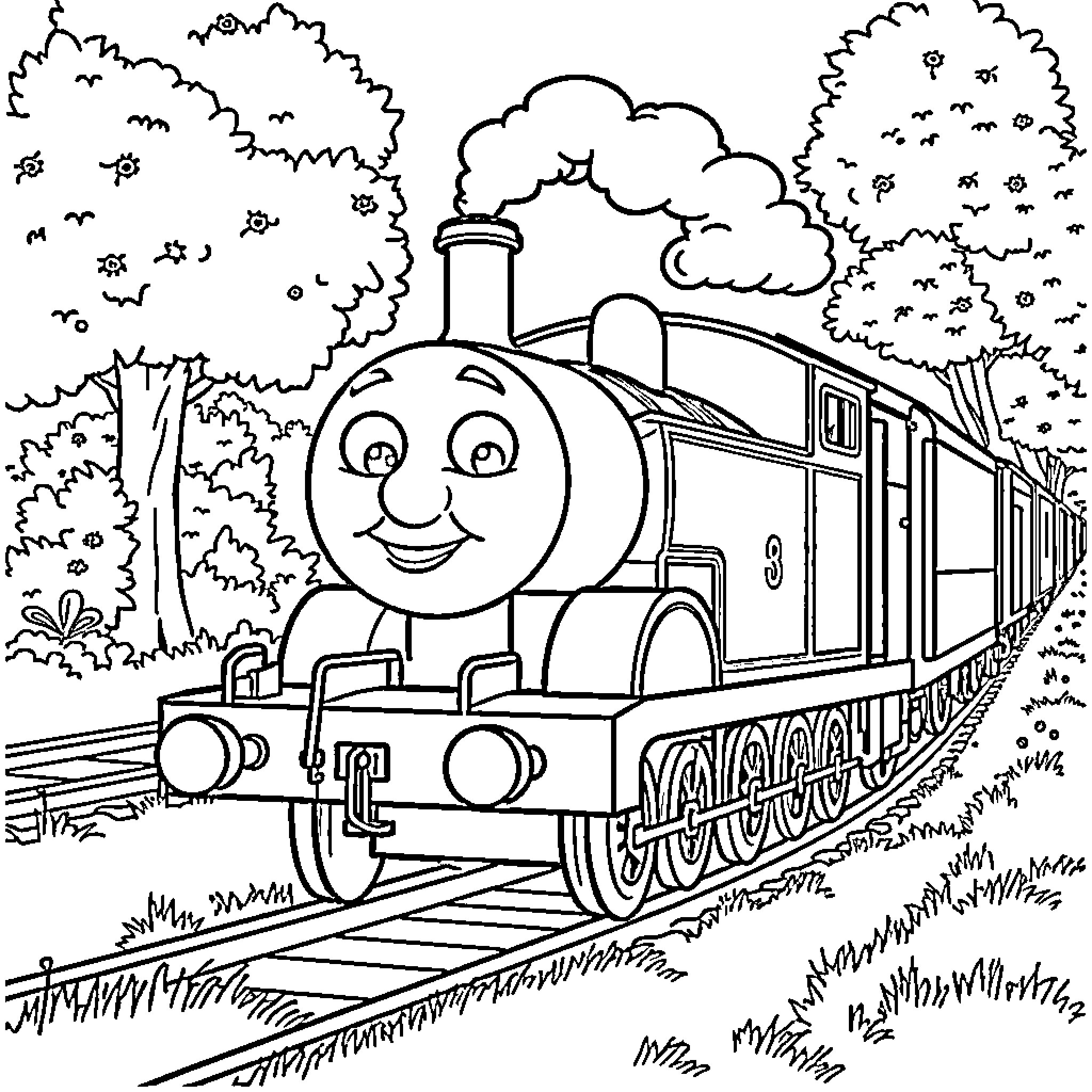 Thomas the Train Joyfully Traveling Through the Countryside Coloring Page (free black-and-white line drawing printable PDF for all, from beginners to advanced learners, including children, teens, adults, and seniors)