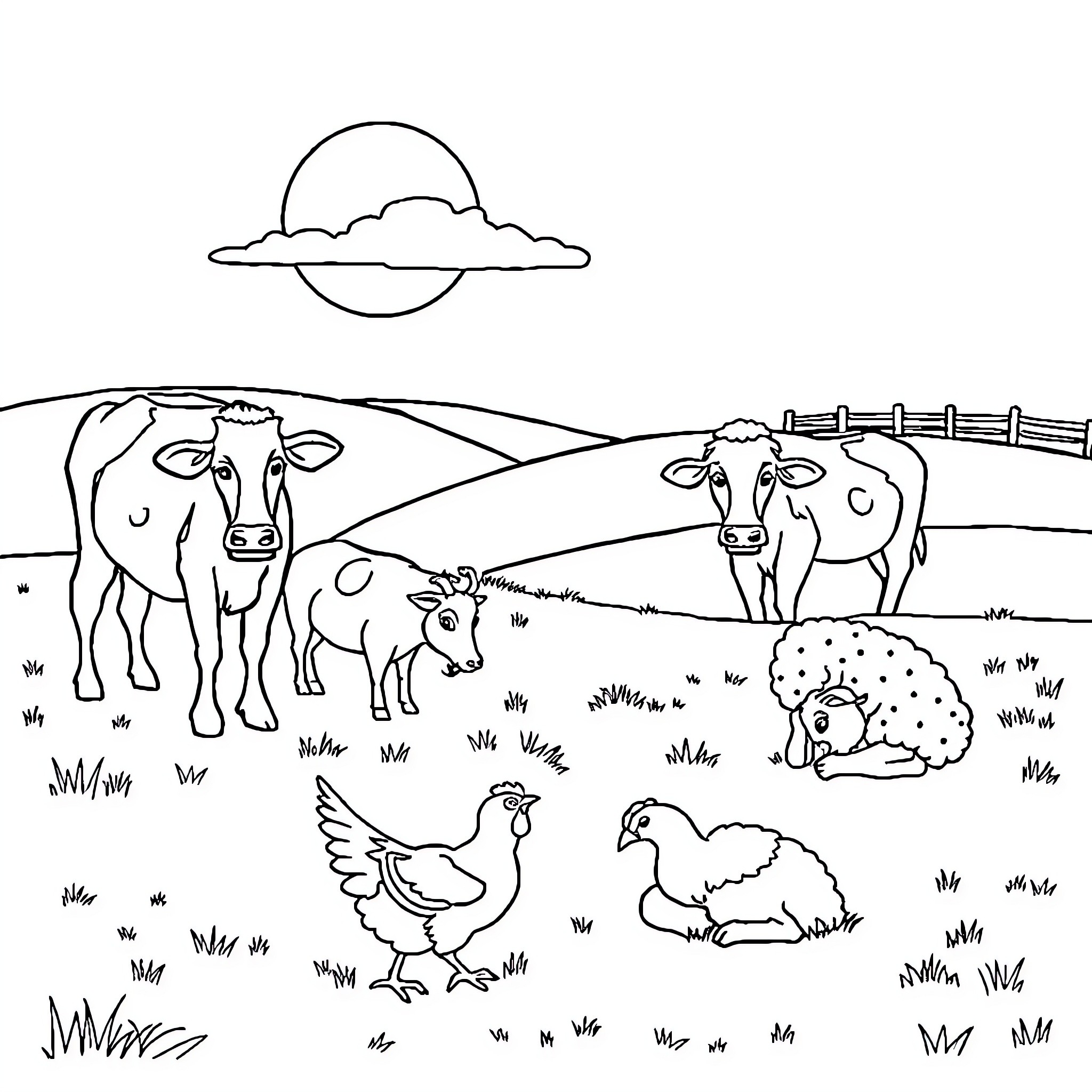 Farm Animal Gathering in Pastoral Landscape Coloring Page (free black-and-white line drawing printable PDF for all, from beginners to advanced learners, including children, teens, adults, and seniors)