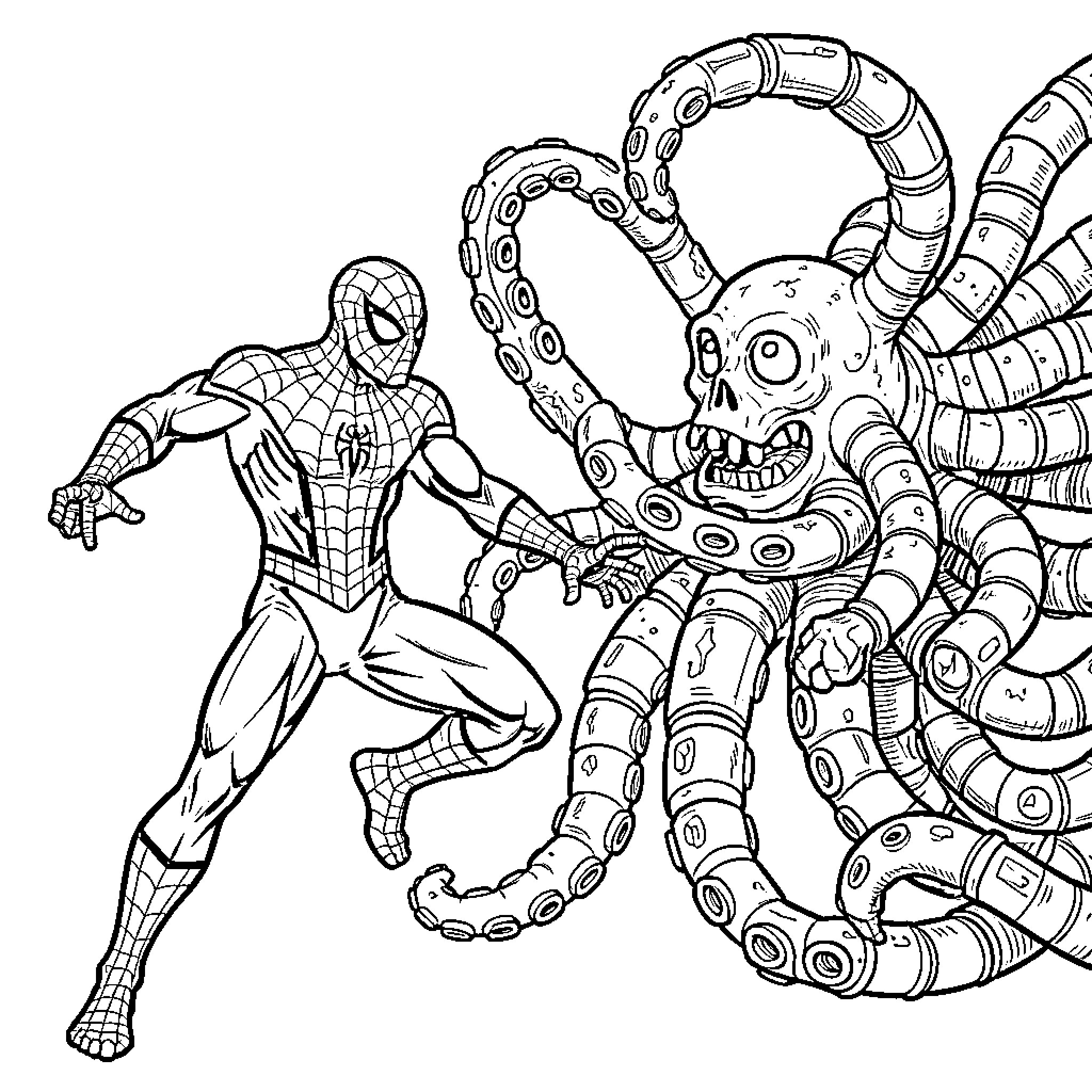 Spiderman facing off against Doctor Octopus Coloring Page (free black-and-white line drawing printable PDF for all, from beginners to advanced learners, including children, teens, adults, and seniors)