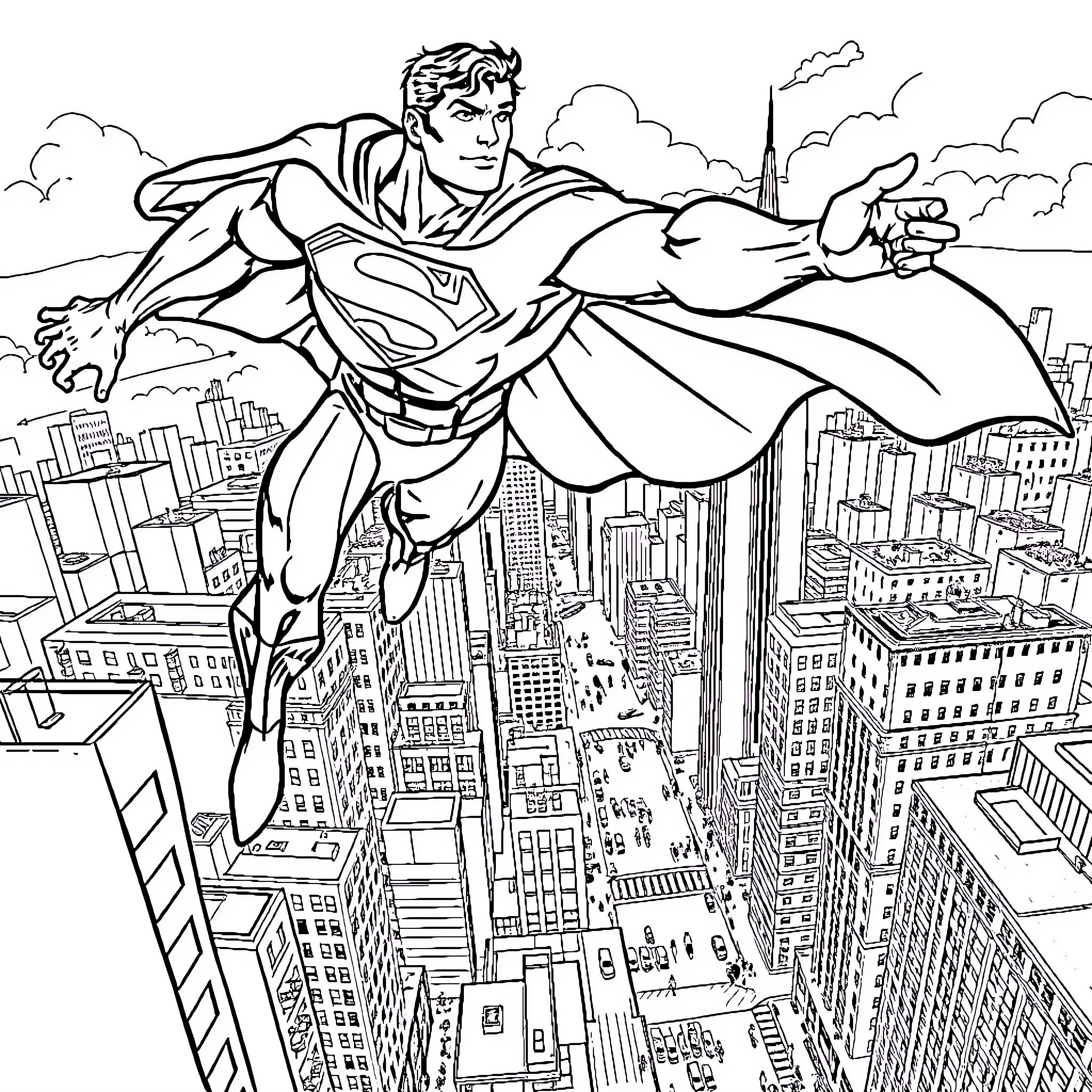 Superman soaring over the city skyline Coloring Page (free black-and-white line drawing printable PDF for all, from beginners to advanced learners, including children, teens, adults, and seniors)