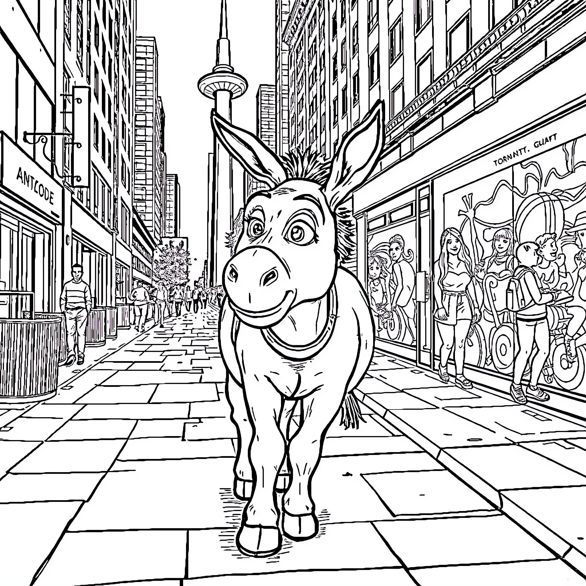Donkey exploring a bustling city street Coloring Page (free black-and-white line drawing printable PDF for all, from beginners to advanced learners, including children, teens, adults, and seniors)