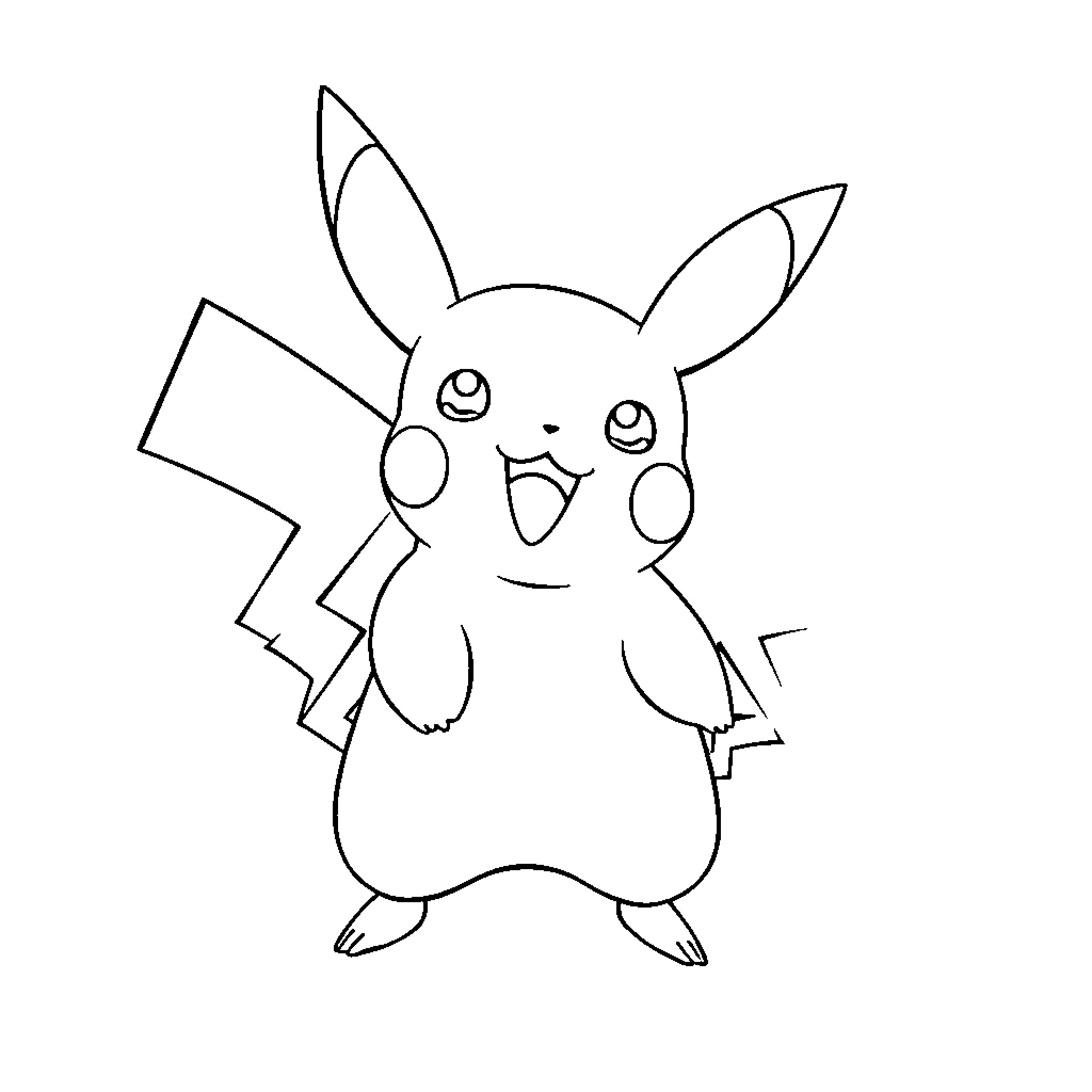 Pikachu cheerfully posing in a simple illustration Coloring Page (free black-and-white line drawing printable PDF for all, from beginners to advanced learners, including children, teens, adults, and seniors)