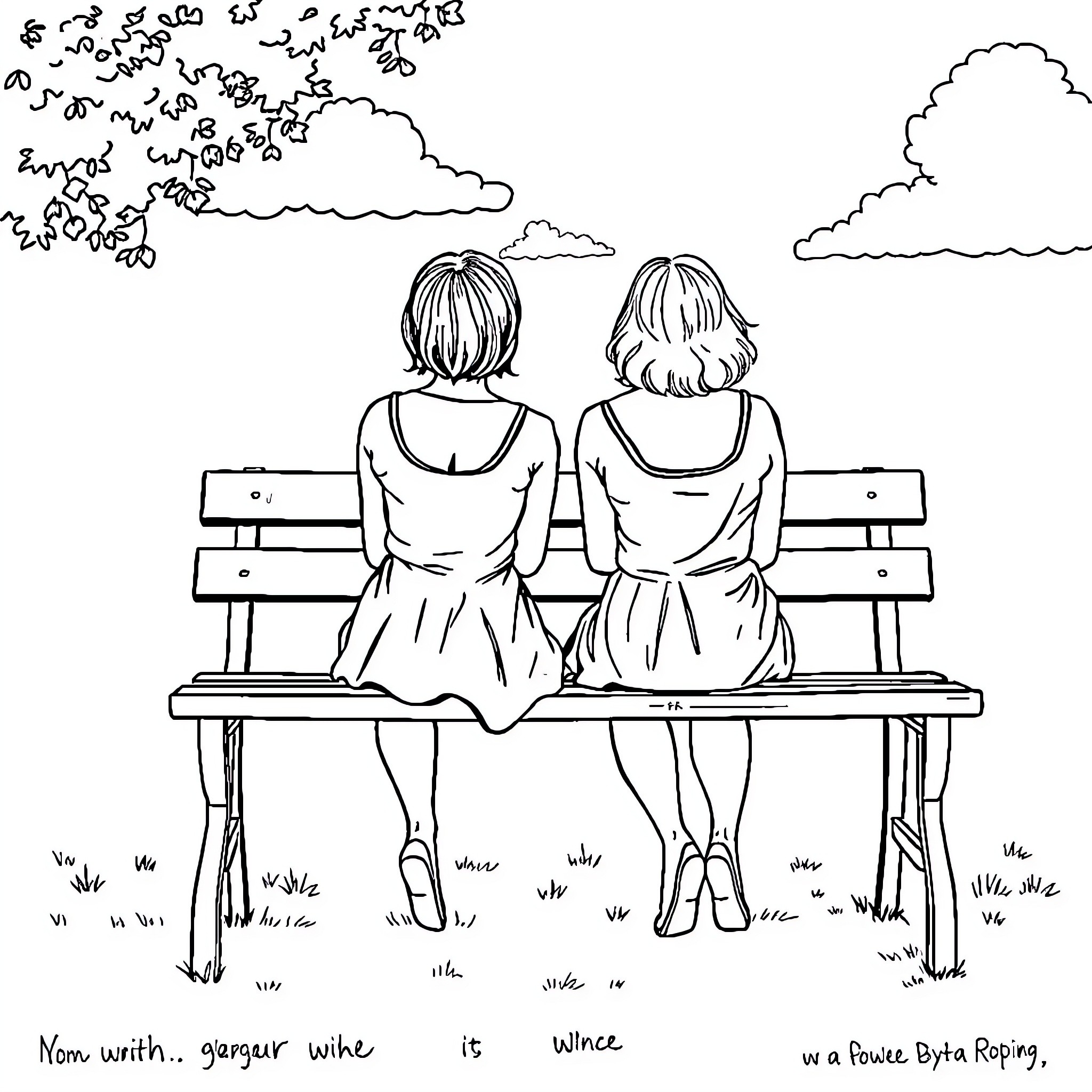 Lady friends sharing a moment on the park bench Coloring Page (free black-and-white line drawing printable PDF for all, from beginners to advanced learners, including children, teens, adults, and seniors)