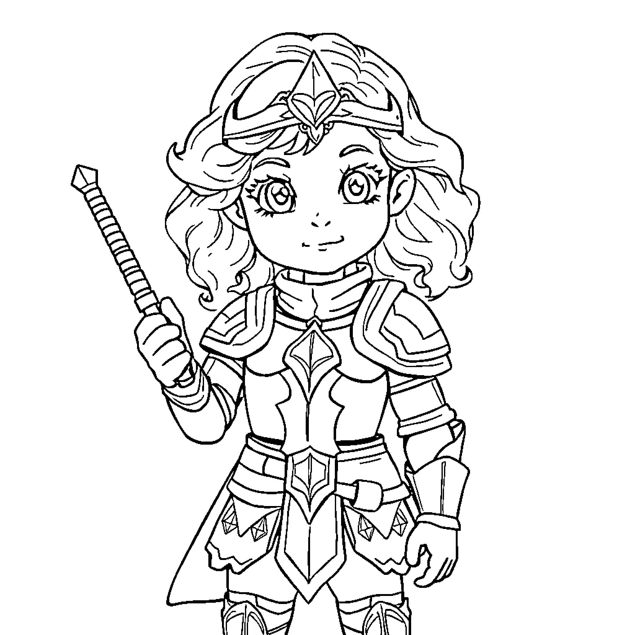 Princess in Armored Battle Outfit Coloring Page (free black-and-white line drawing printable PDF for all, from beginners to advanced learners, including children, teens, adults, and seniors)