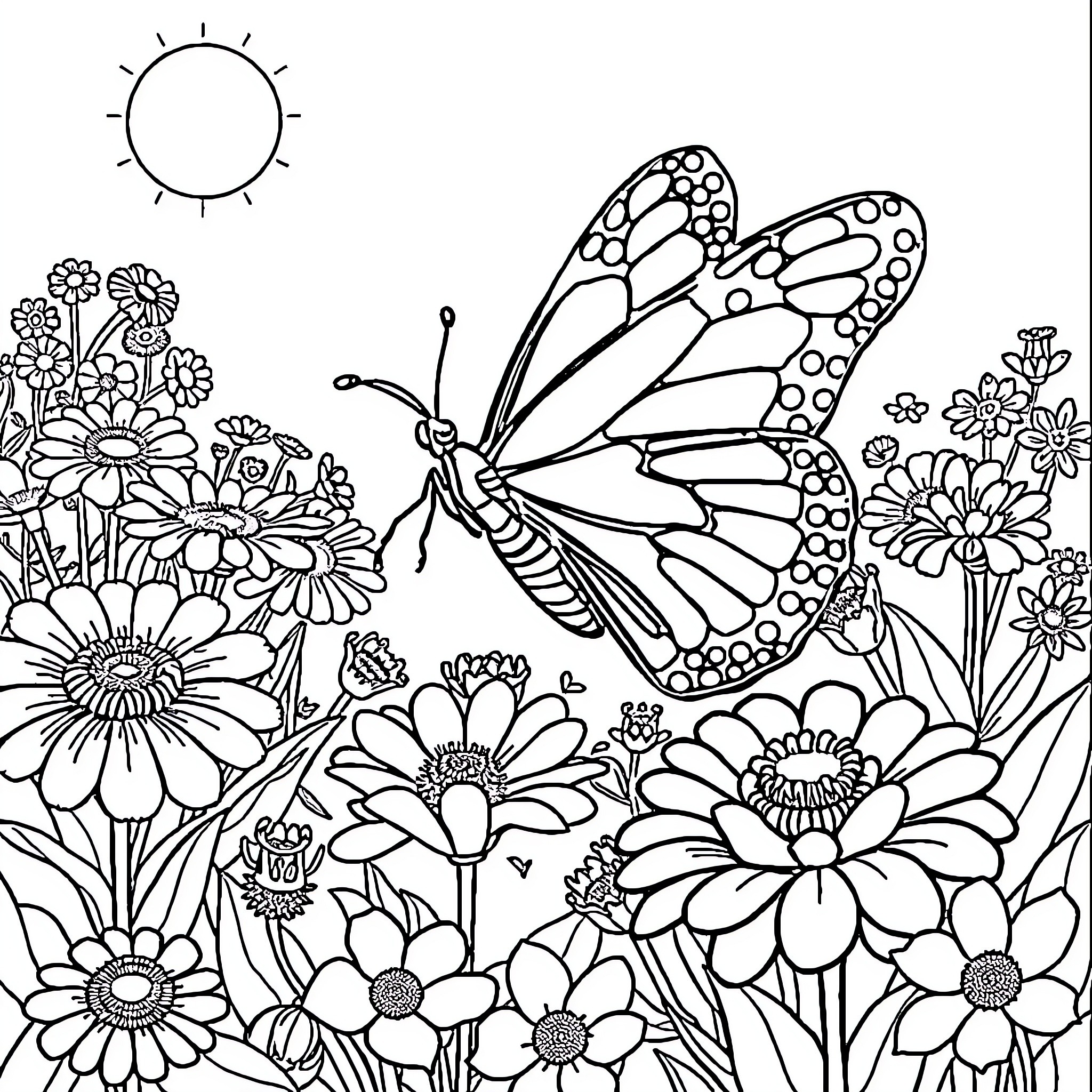 Butterfly flying amidst a garden of blooming flowers Coloring Page (free black-and-white line drawing printable PDF for all, from beginners to advanced learners, including children, teens, adults, and seniors)