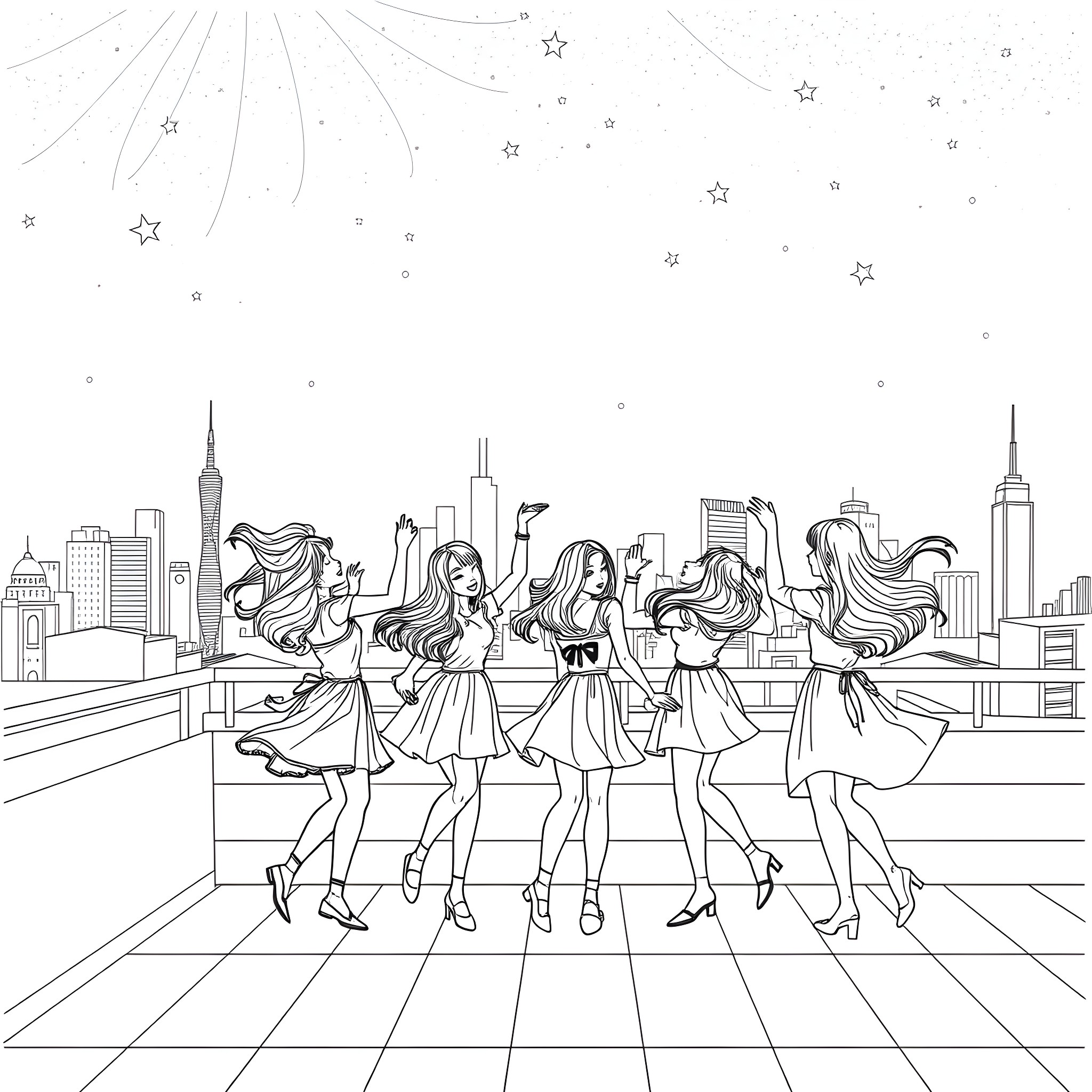 Girls in fancy dresses exploring the city skyline Coloring Page (free black-and-white line drawing printable PDF for all, from beginners to advanced learners, including children, teens, adults, and seniors)
