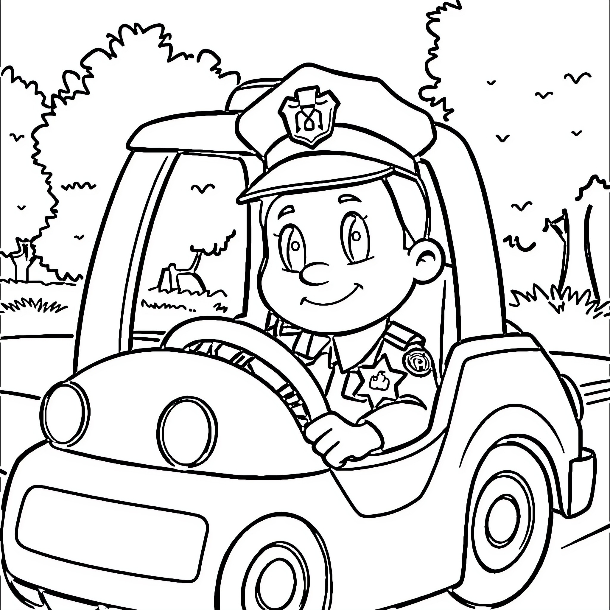 Police Officer Driving Patrol Car in Nature Coloring Page (free black-and-white line drawing printable PDF for all, from beginners to advanced learners, including children, teens, adults, and seniors)