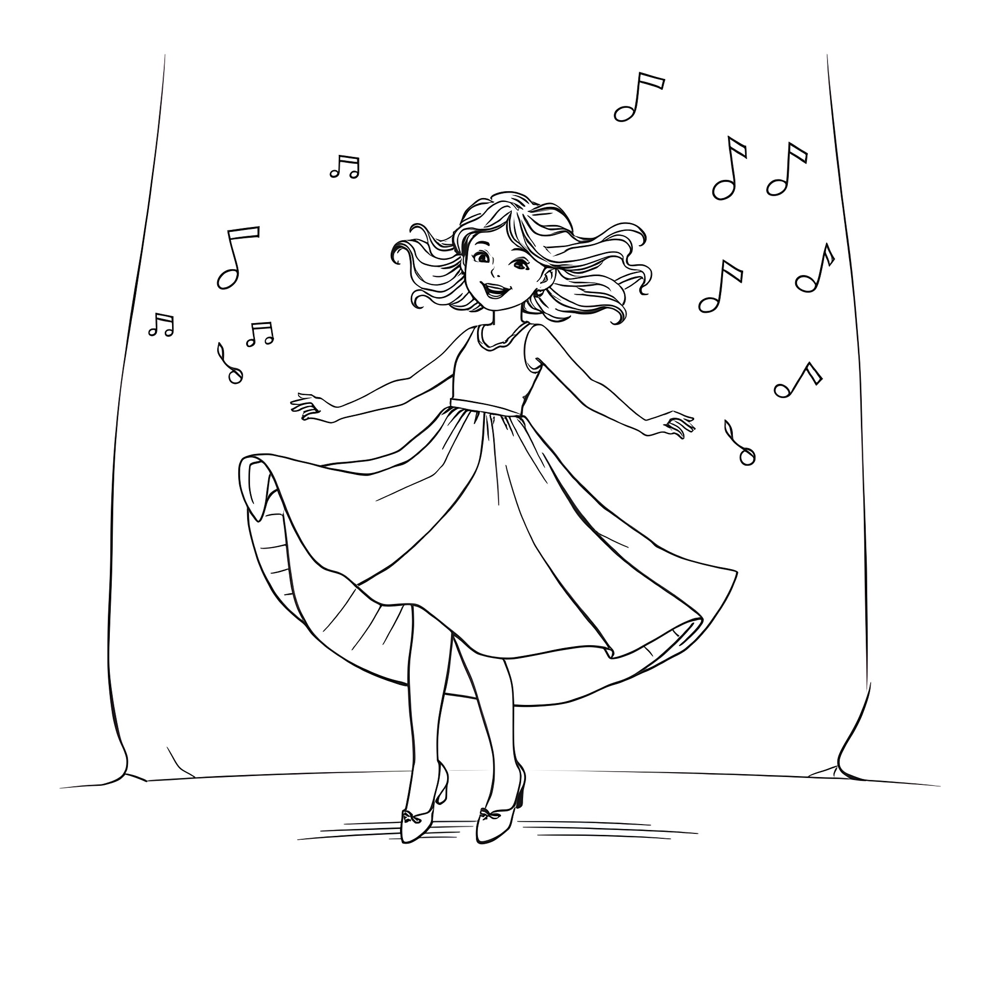 Girl dancing joyfully with music notes Coloring Page (free black-and-white line drawing printable PDF for all, from beginners to advanced learners, including children, teens, adults, and seniors)