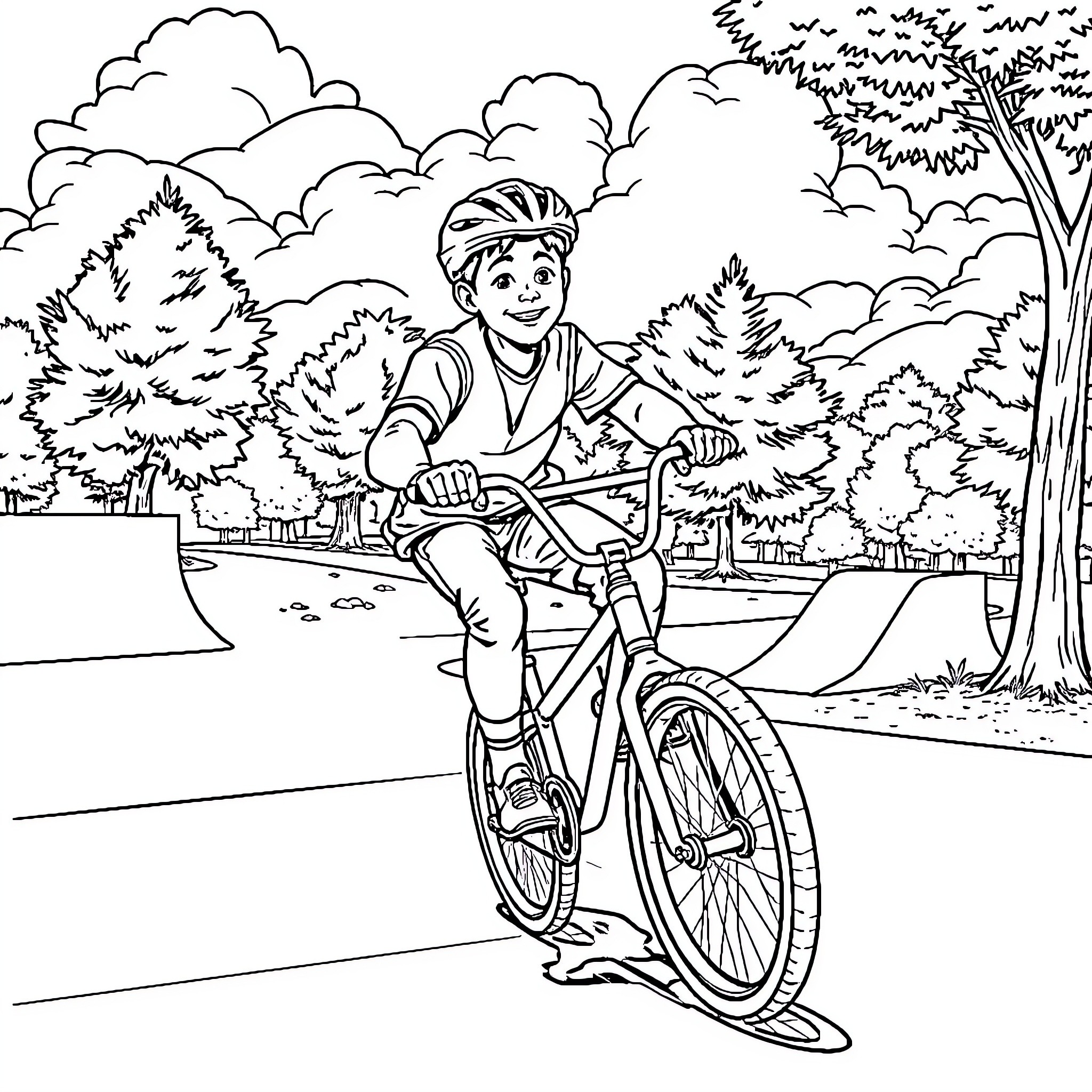 BMX Rider Enjoying the Outdoor Adventure Coloring Page (free black-and-white line drawing printable PDF for all, from beginners to advanced learners, including children, teens, adults, and seniors)