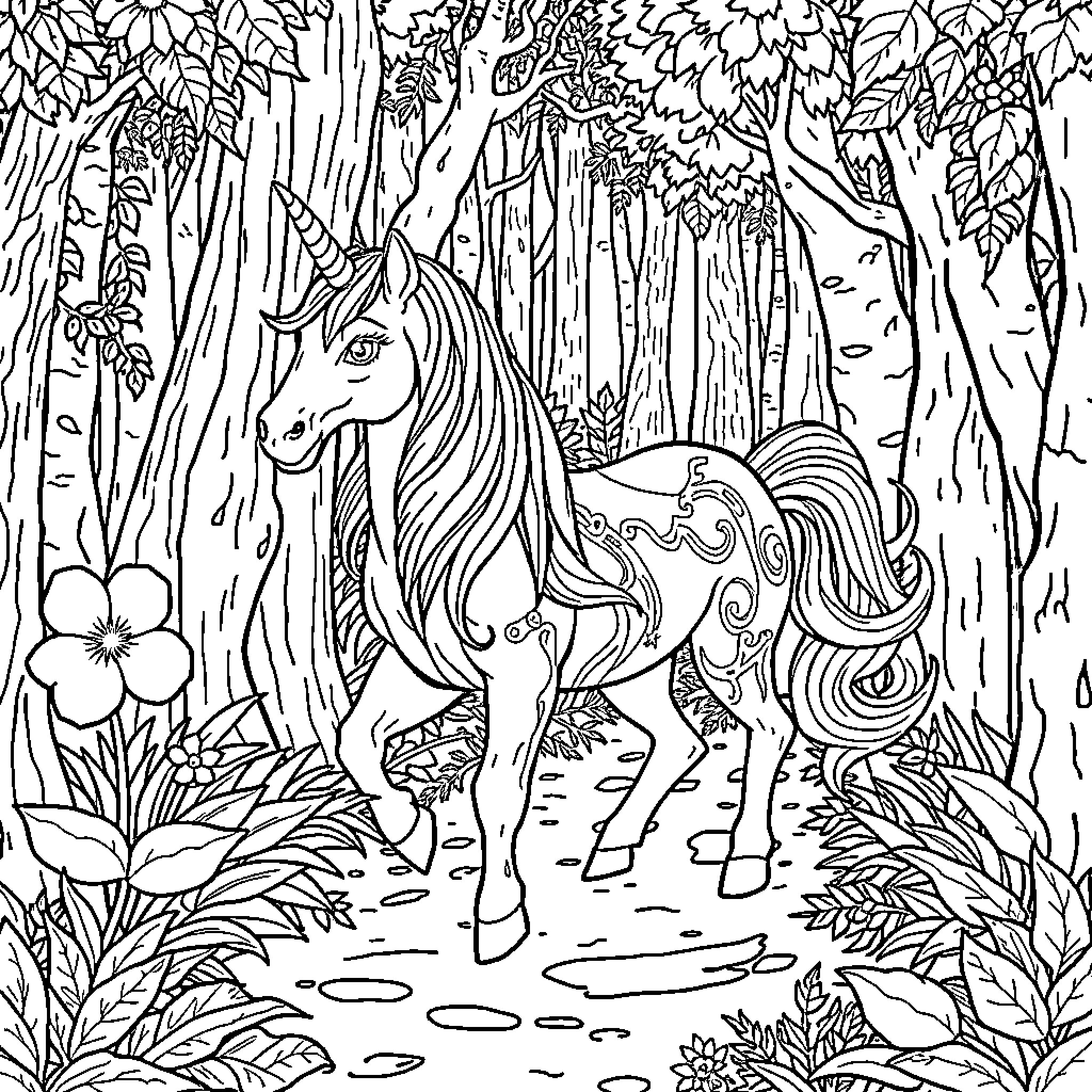 Unicorn in the Enchanted Forest Coloring Page (free black-and-white line drawing printable PDF for all, from beginners to advanced learners, including children, teens, adults, and seniors)
