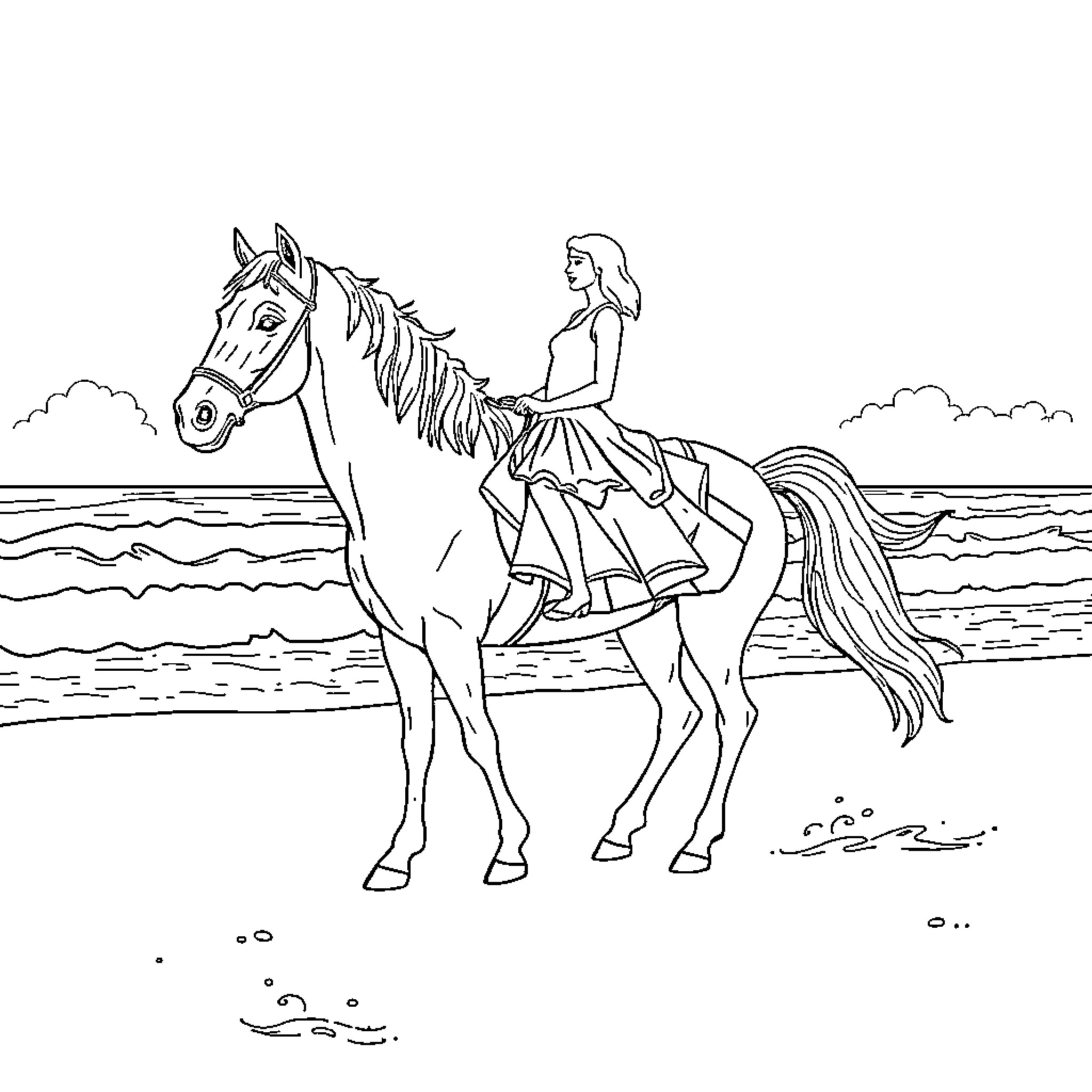 Horse Carrying Rider by the Beach Coloring Page (free black-and-white line drawing printable PDF for all, from beginners to advanced learners, including children, teens, adults, and seniors)