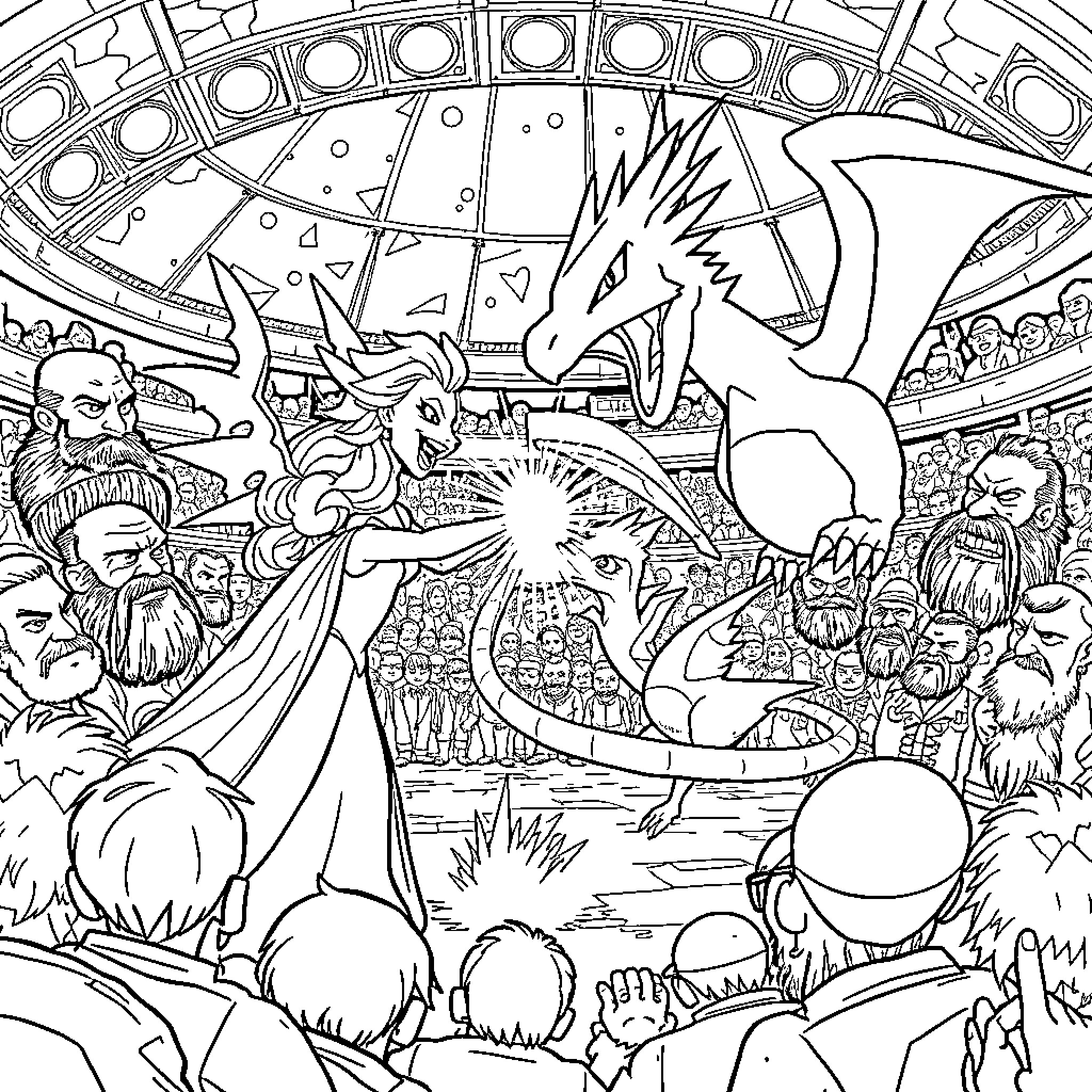 Elsa's magical adventure in the fantasy arena Coloring Page (free black-and-white line drawing printable PDF for all, from beginners to advanced learners, including children, teens, adults, and seniors)