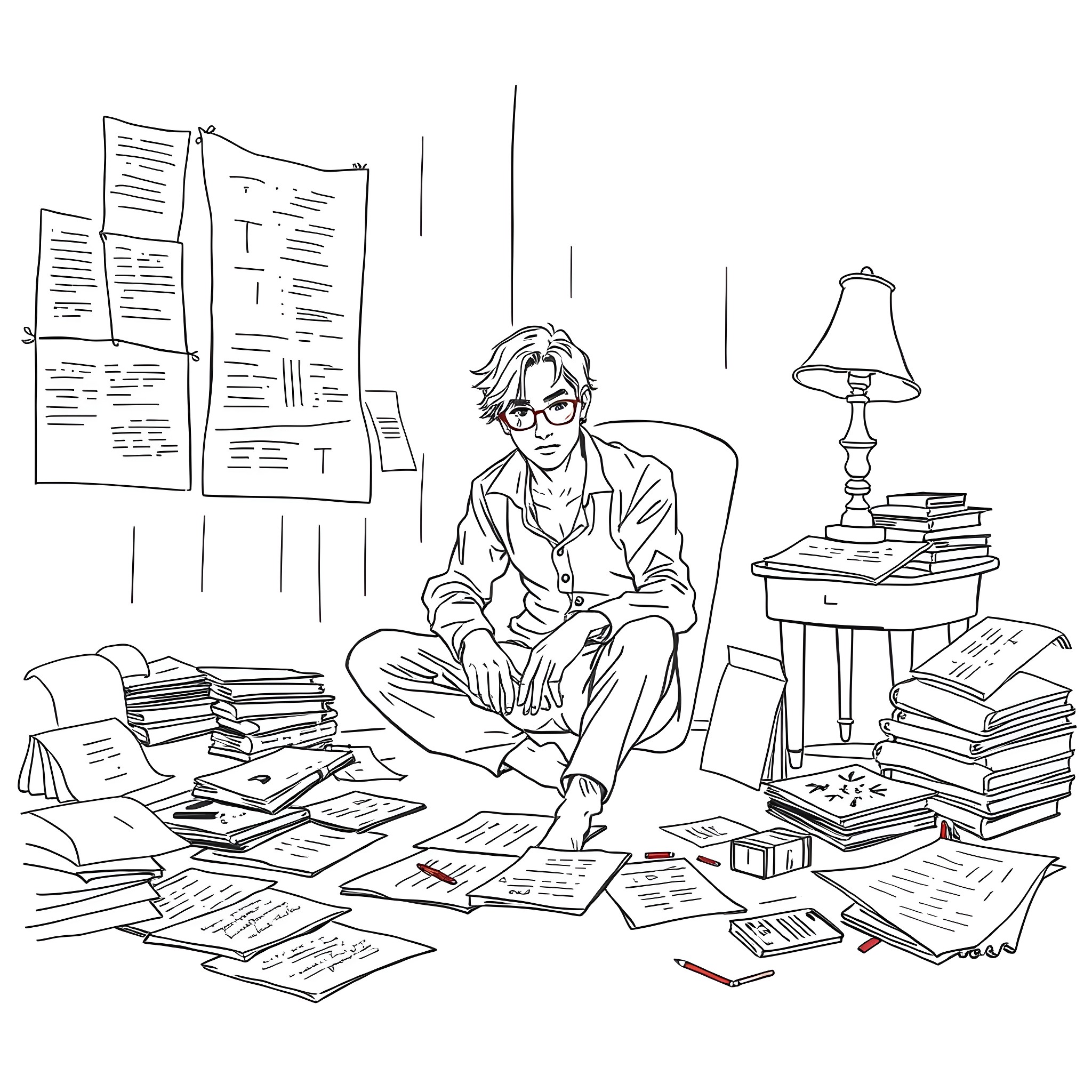 Lively Workspace of a Scholarly Thinker Coloring Page (free black-and-white line drawing printable PDF for all, from beginners to advanced learners, including children, teens, adults, and seniors)