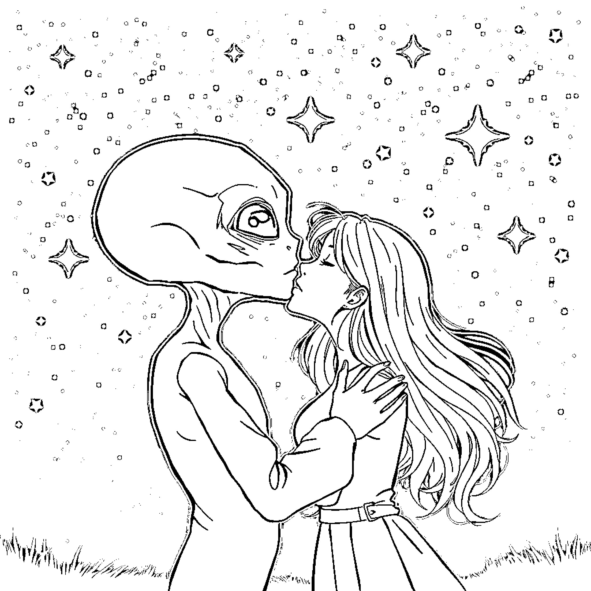 Alien couple sharing a tender moment under the stars Coloring Page (free black-and-white line drawing printable PDF for all, from beginners to advanced learners, including children, teens, adults, and seniors)