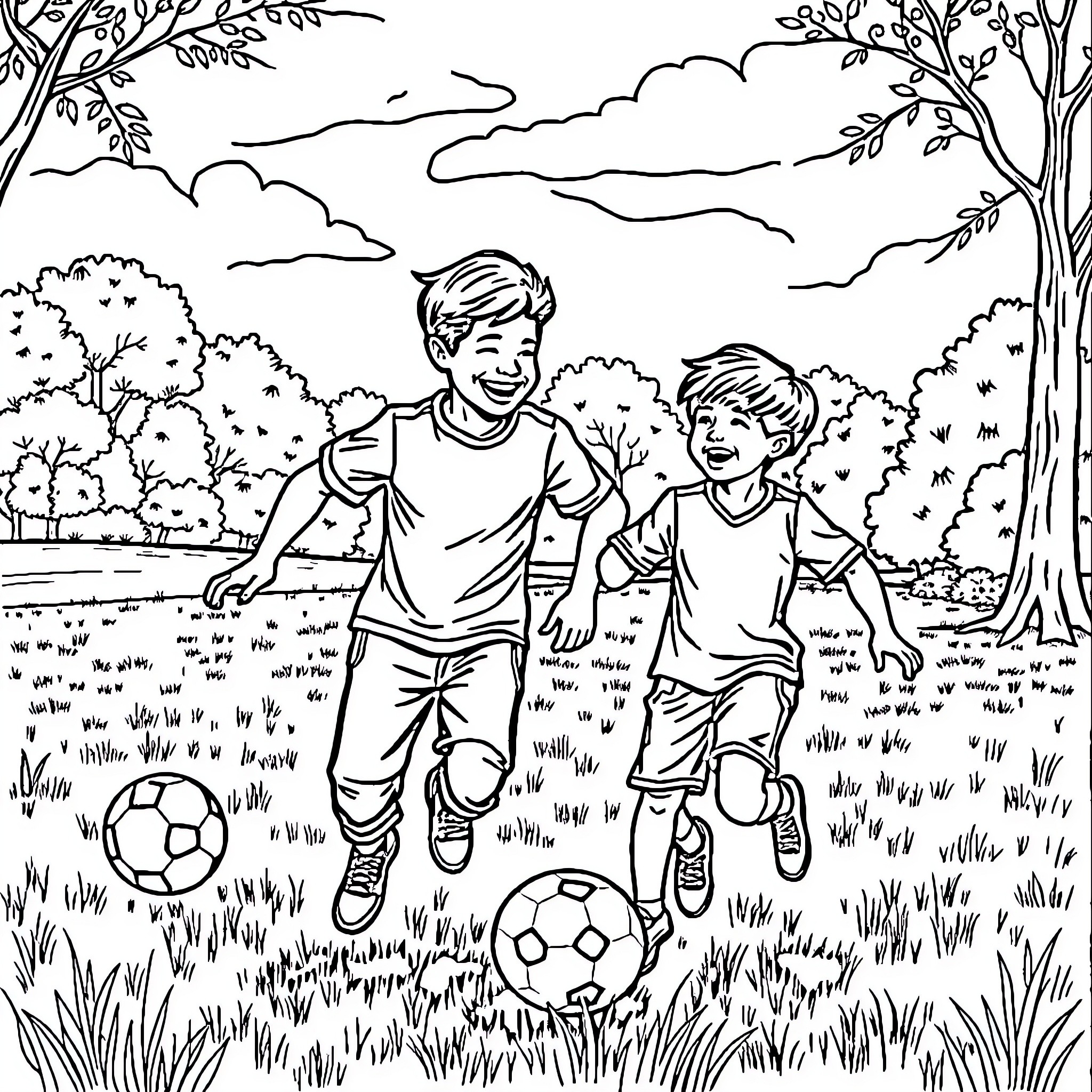 Football game in the park with friends Coloring Page (free black-and-white line drawing printable PDF for all, from beginners to advanced learners, including children, teens, adults, and seniors)