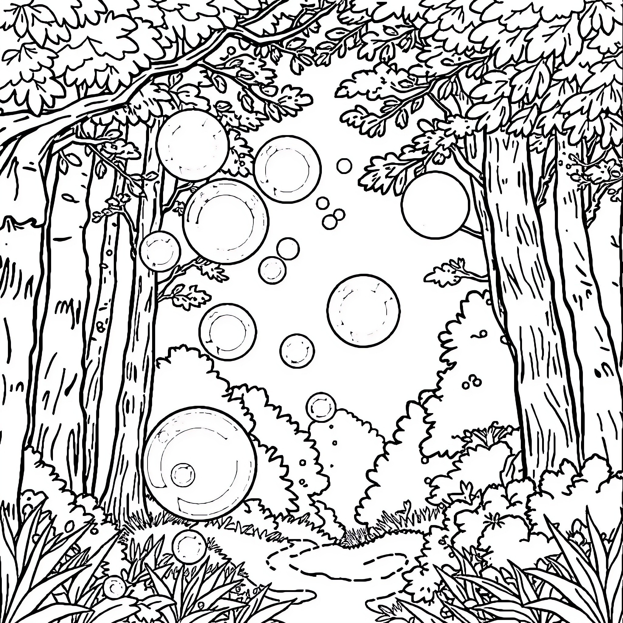 Bubble Pathway Through the Enchanted Forest Coloring Page (free black-and-white line drawing printable PDF for all, from beginners to advanced learners, including children, teens, adults, and seniors)