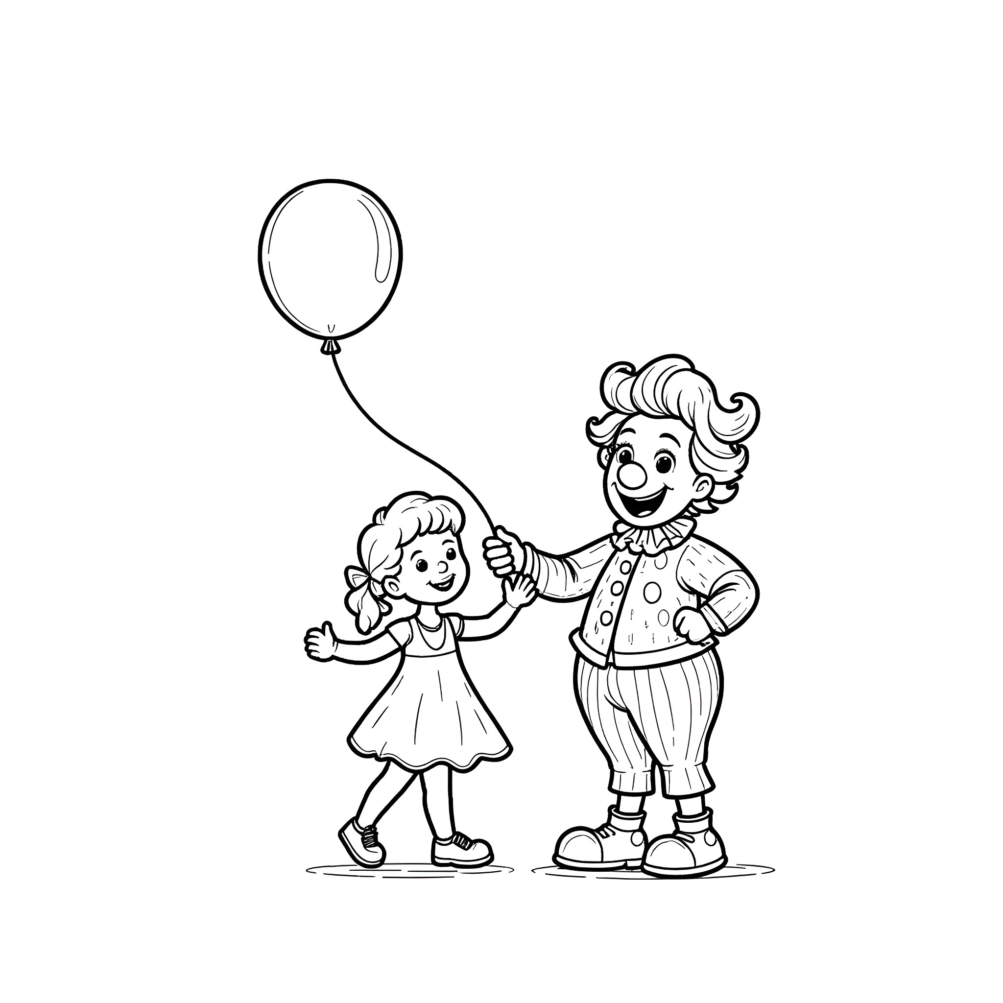 Clown entertains young girl with balloon Coloring Page (free black-and-white line drawing printable PDF for all, from beginners to advanced learners, including children, teens, adults, and seniors)