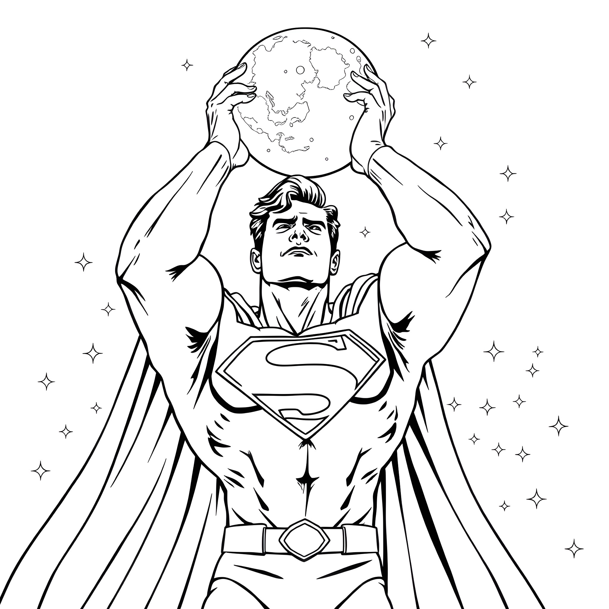 Superman holding the world with a determined expression Coloring Page (free black-and-white line drawing printable PDF for all, from beginners to advanced learners, including children, teens, adults, and seniors)