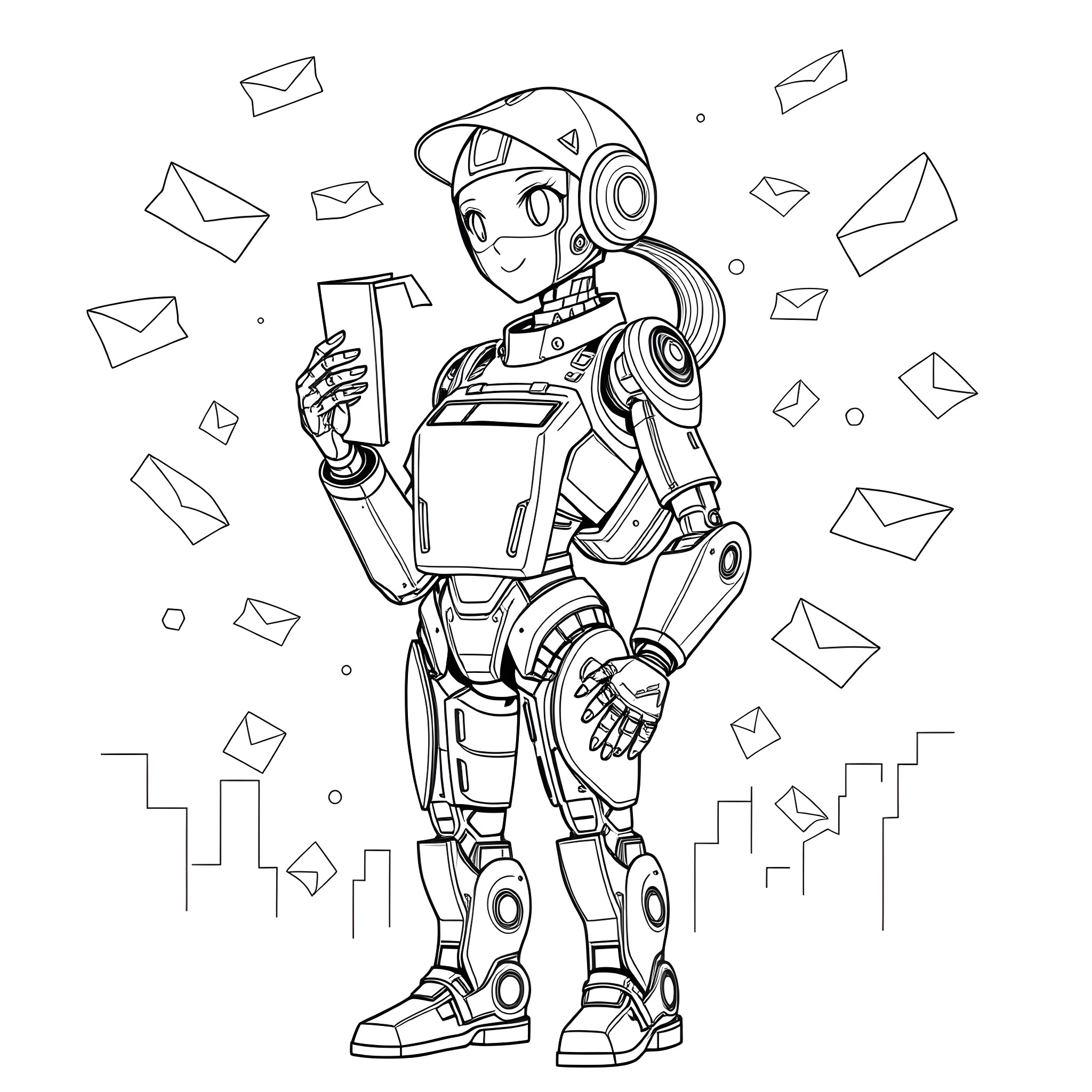 Female Robot Delivering Mail in the City Coloring Page (free black-and-white line drawing printable PDF for all, from beginners to advanced learners, including children, teens, adults, and seniors)