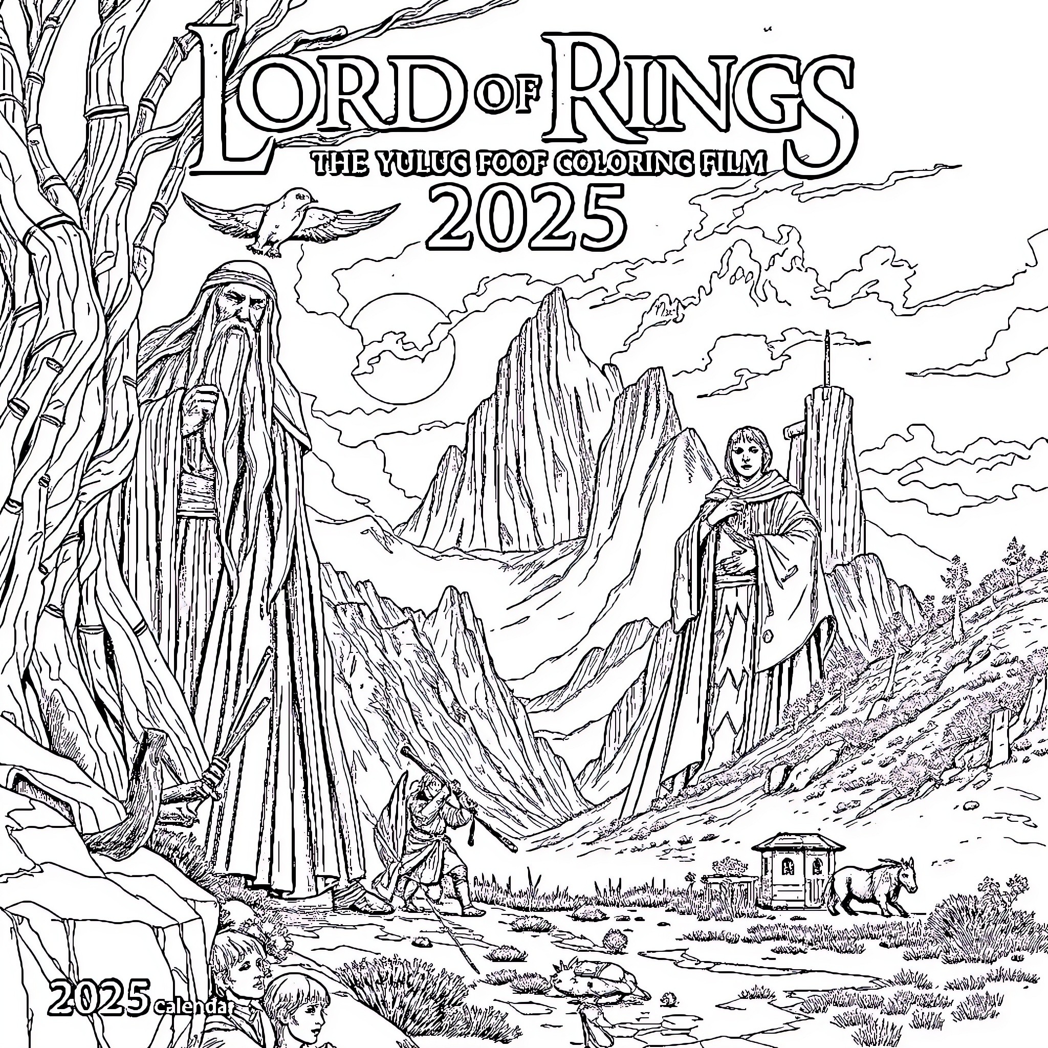 Lord of the Rings: Characters in a magical landscape Coloring Page (free black-and-white line drawing printable PDF for all, from beginners to advanced learners, including children, teens, adults, and seniors)