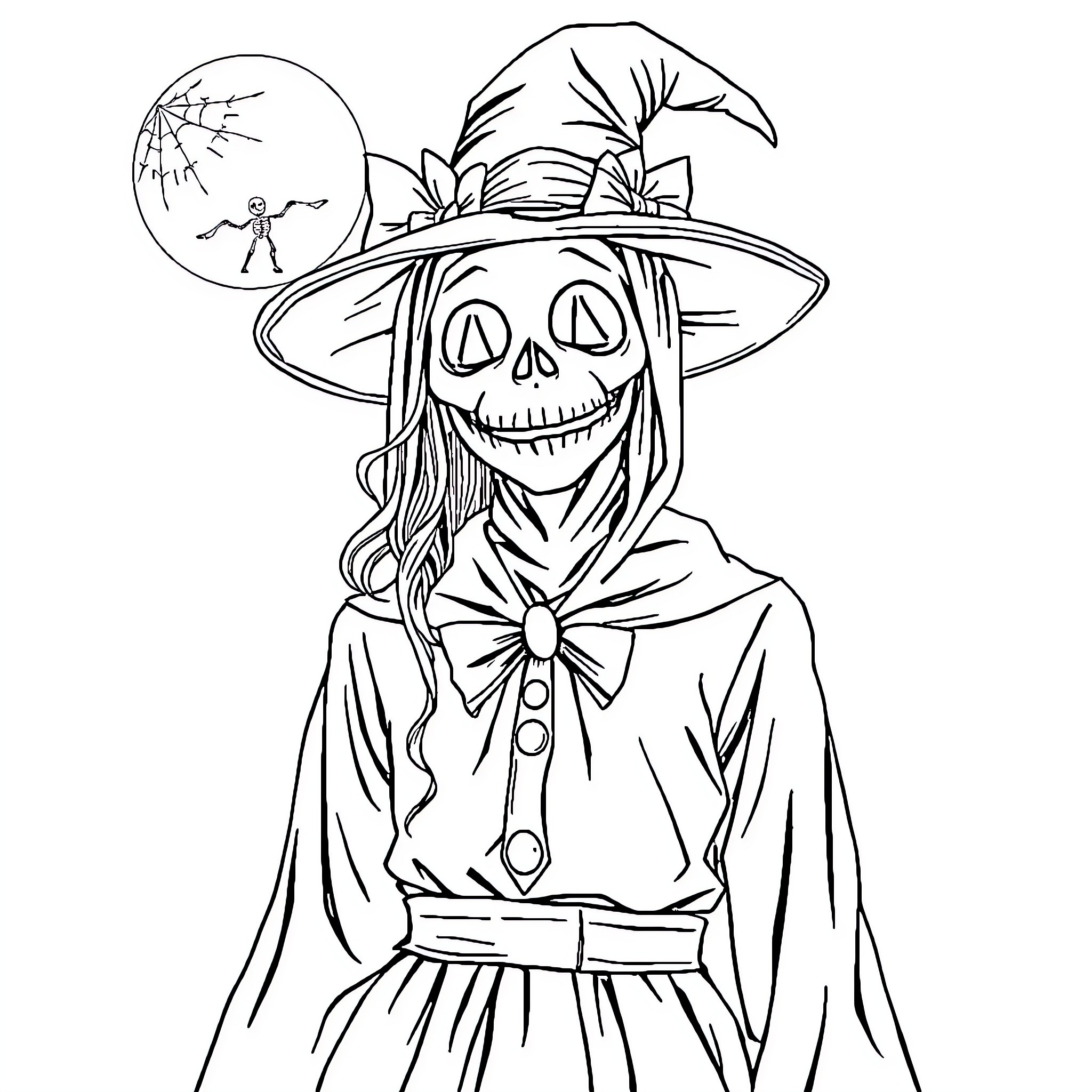 Blue Scarecrow Smiling in Moonlight Coloring Page (free black-and-white line drawing printable PDF for all, from beginners to advanced learners, including children, teens, adults, and seniors)