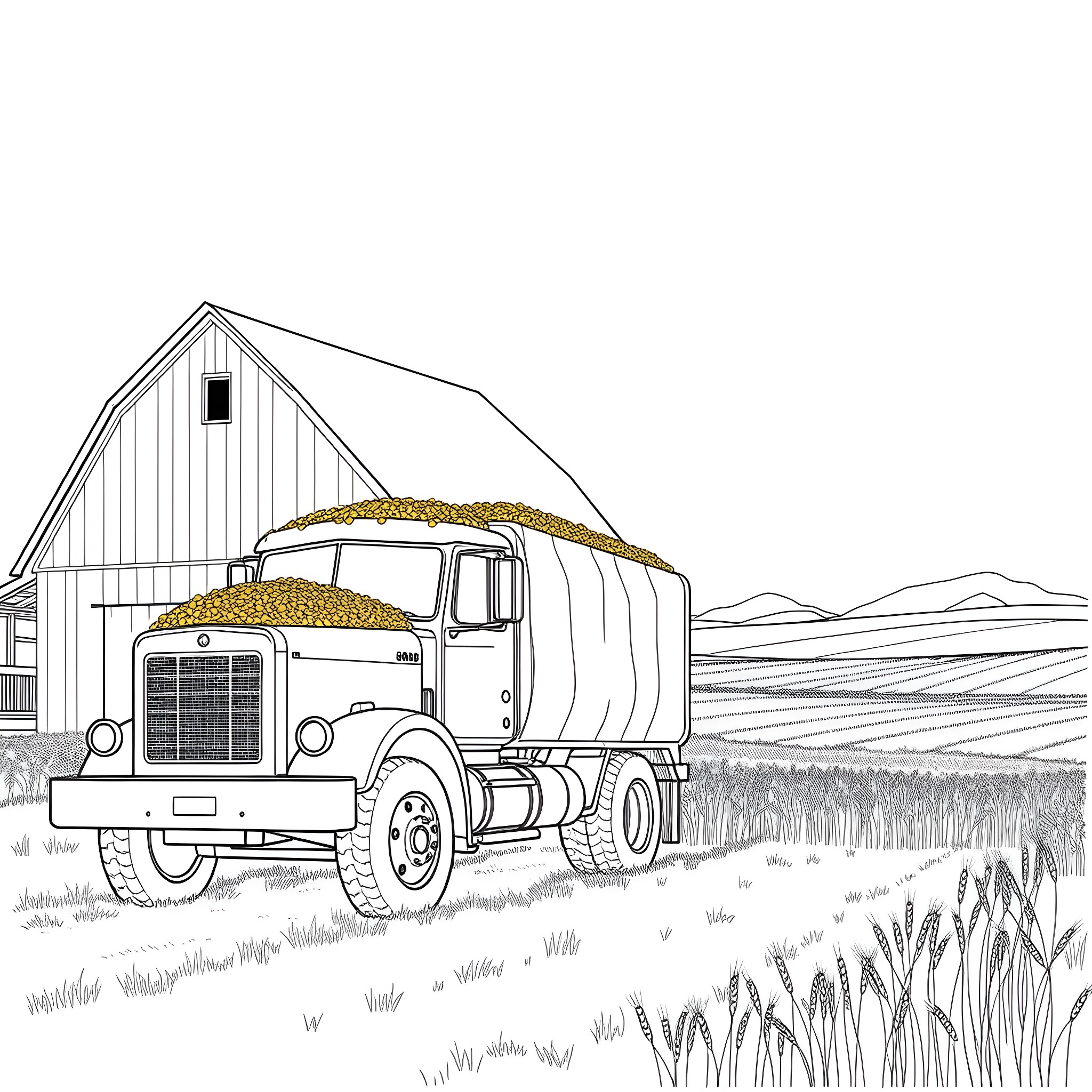Grain Truck Transporting Crop Harvest Near Barn Coloring Page (free black-and-white line drawing printable PDF for all, from beginners to advanced learners, including children, teens, adults, and seniors)