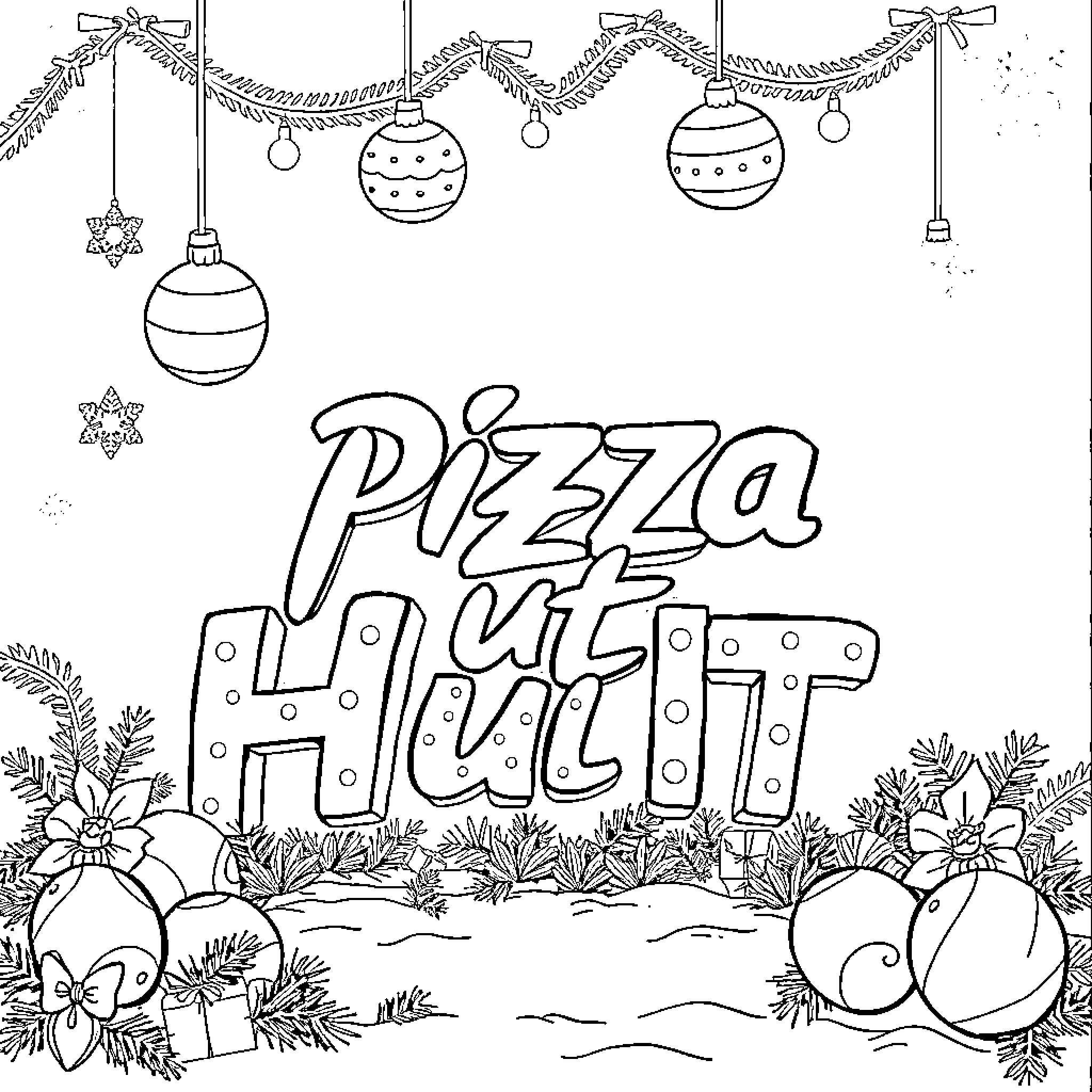 Pizza Hut holiday decor and pizza box Coloring Page (free black-and-white line drawing printable PDF for all, from beginners to advanced learners, including children, teens, adults, and seniors)