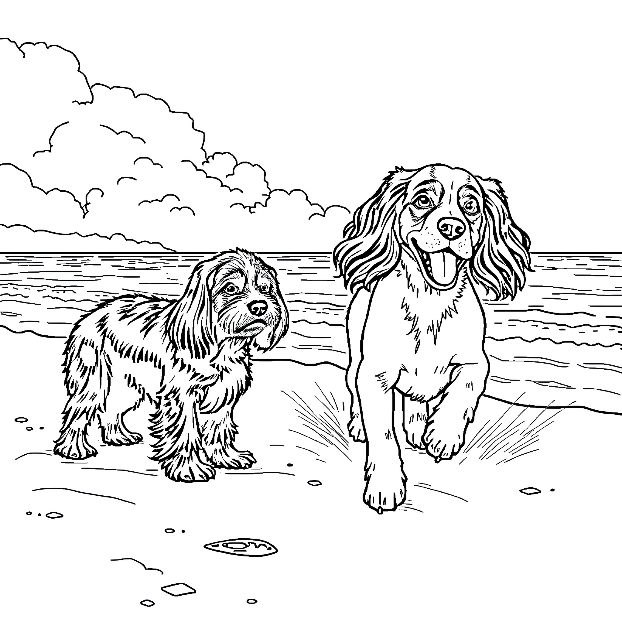 Watering Can Dogs Playing Happily on the Beach Coloring Page (free black-and-white line drawing printable PDF for all, from beginners to advanced learners, including children, teens, adults, and seniors)