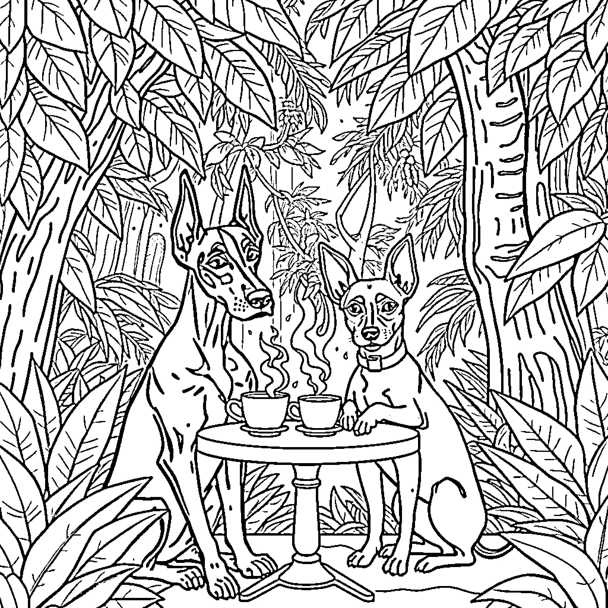 Dogs enjoying tea party in the forest Coloring Page (free black-and-white line drawing printable PDF for all, from beginners to advanced learners, including children, teens, adults, and seniors)