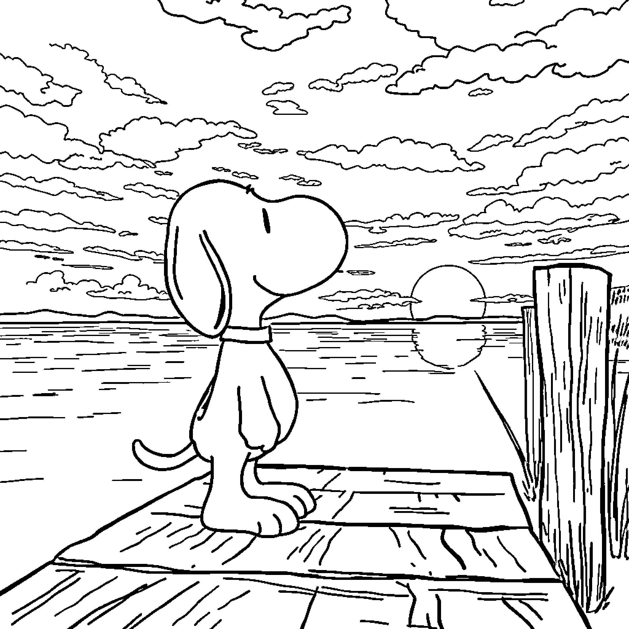 Snoopy enjoying a scenic sunset by the lake Coloring Page (free black-and-white line drawing printable PDF for all, from beginners to advanced learners, including children, teens, adults, and seniors)