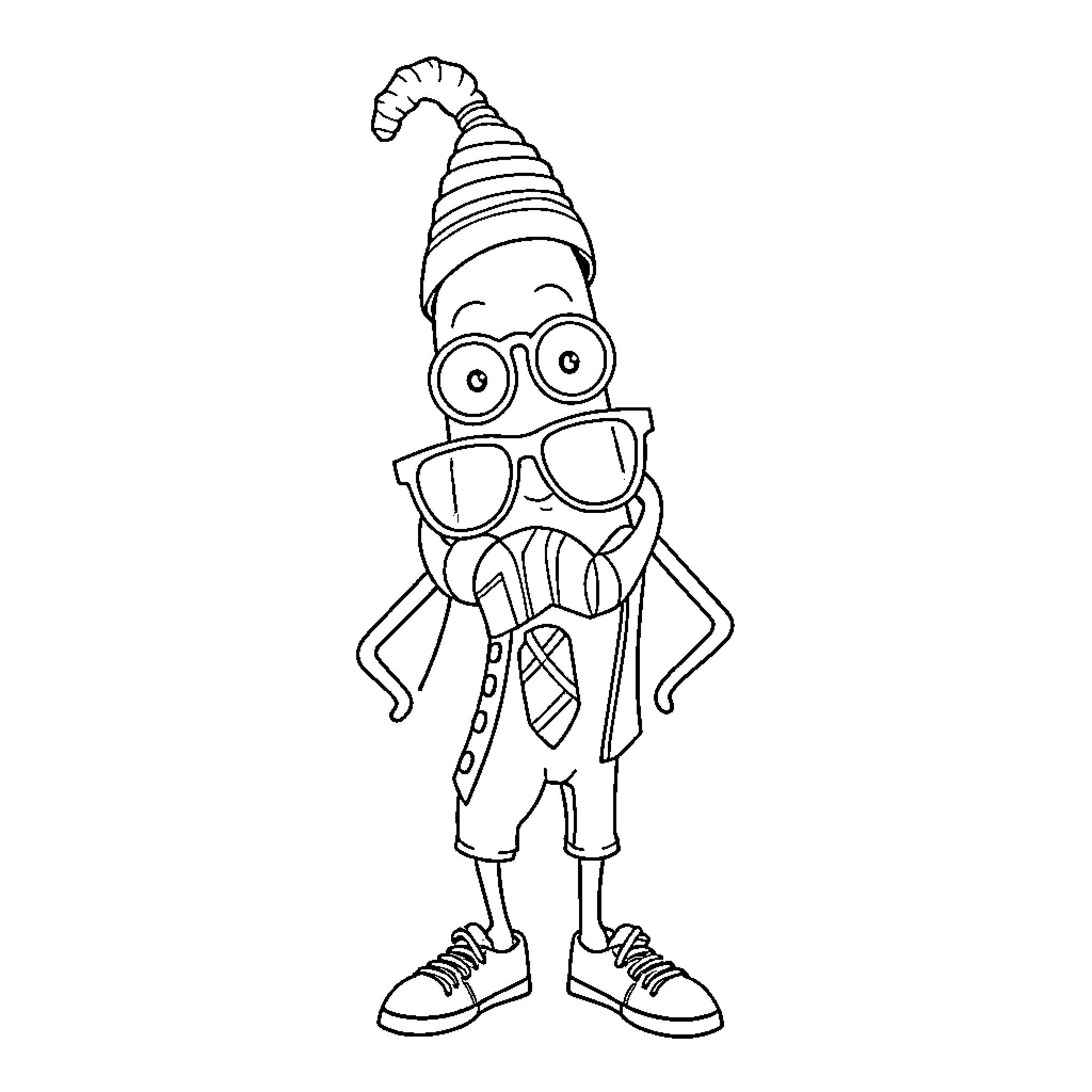Banana character wearing quirky outfit and glasses Coloring Page (free black-and-white line drawing printable PDF for all, from beginners to advanced learners, including children, teens, adults, and seniors)