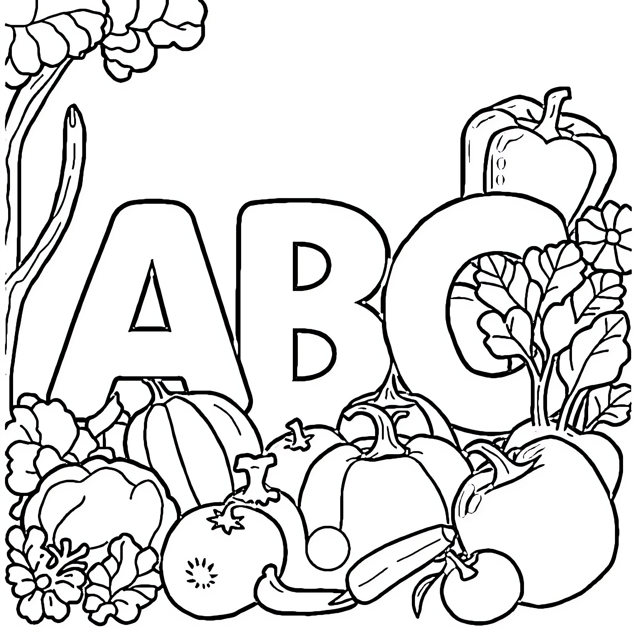 Vegetable alphabet and assorted produce Coloring Page (free black-and-white line drawing printable PDF for all, from beginners to advanced learners, including children, teens, adults, and seniors)